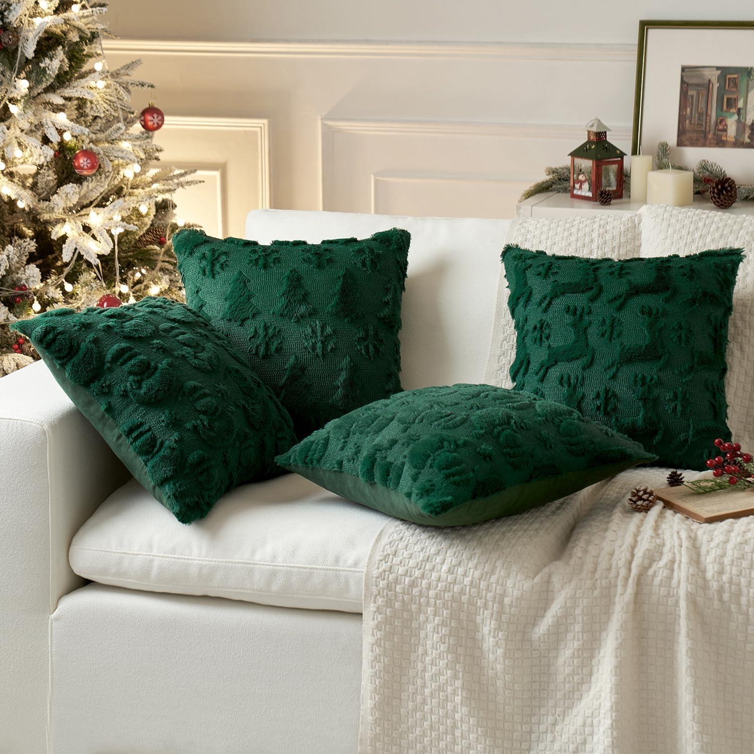 Dark Green Polyester Euro Christmas Tree Pillow Covers, 18x18 Inch, Set of 2