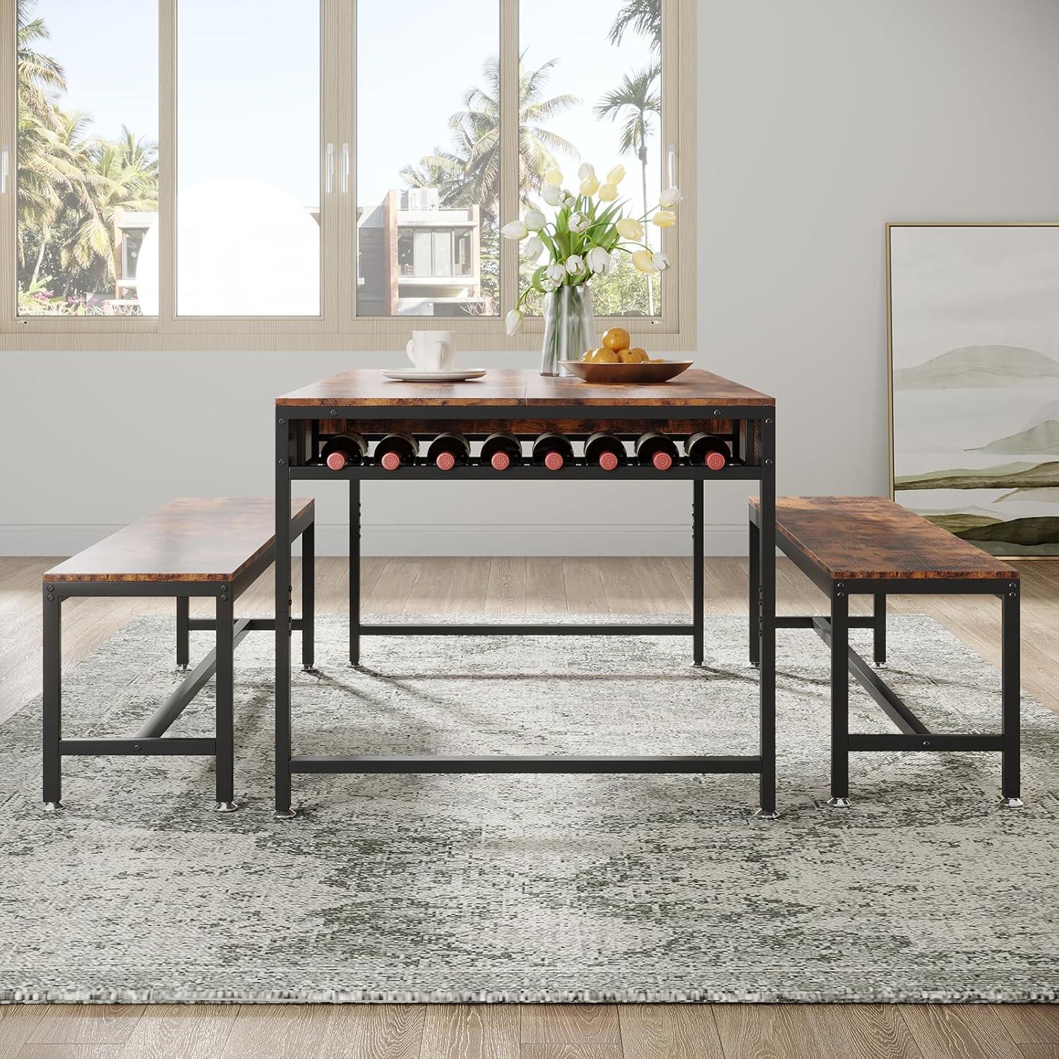 Zubie 63"Dining Table Set for 4-6, 3-Piece Kitchen Table with 2 Utensil Drawers,2 Benches&Wine Rack