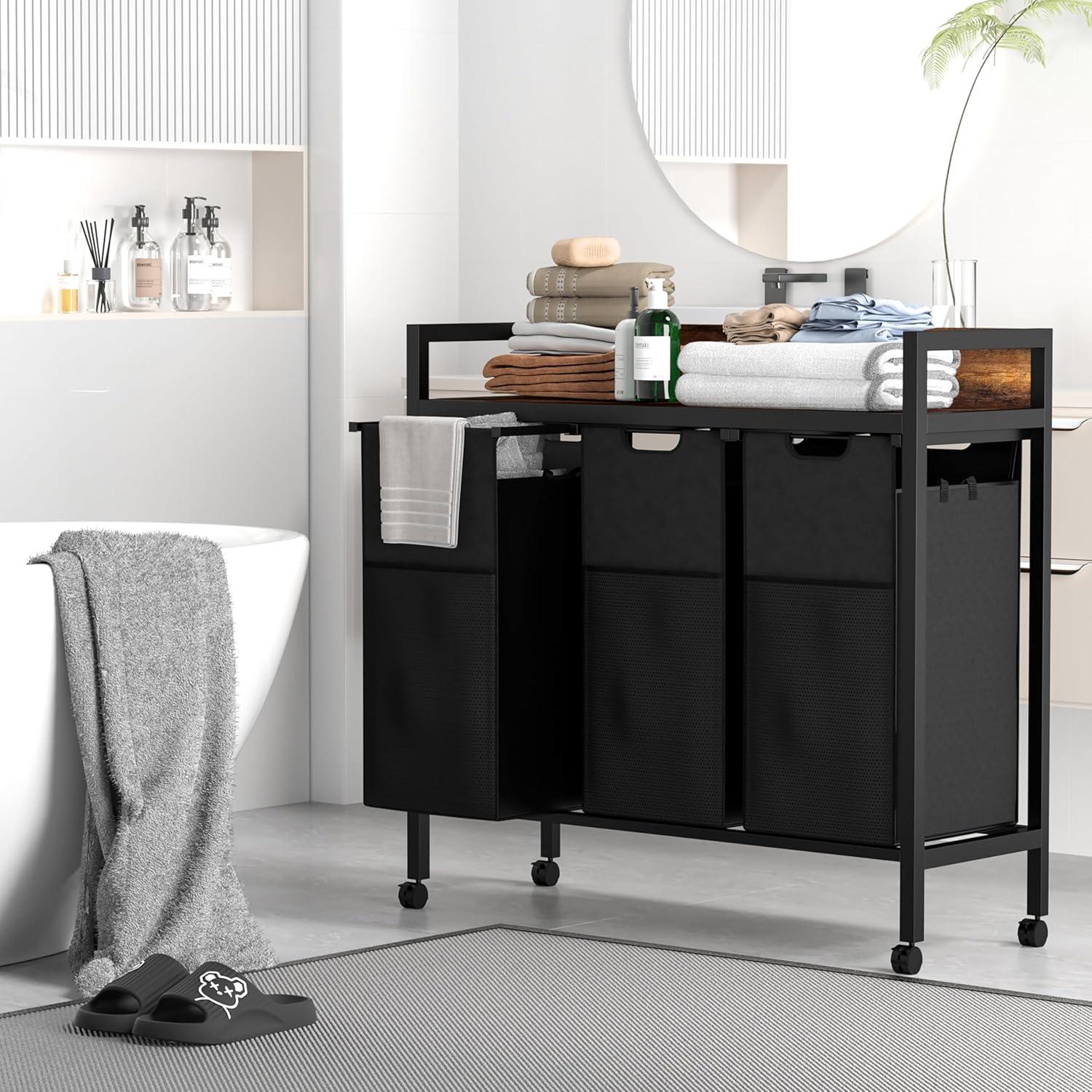 Laundry Sorter 3 Section,360°Rolling Laundry Basket,3 Pull-Out and Removable Oxford Fabric Laundry Bags(144L),Rustic Brown and Black