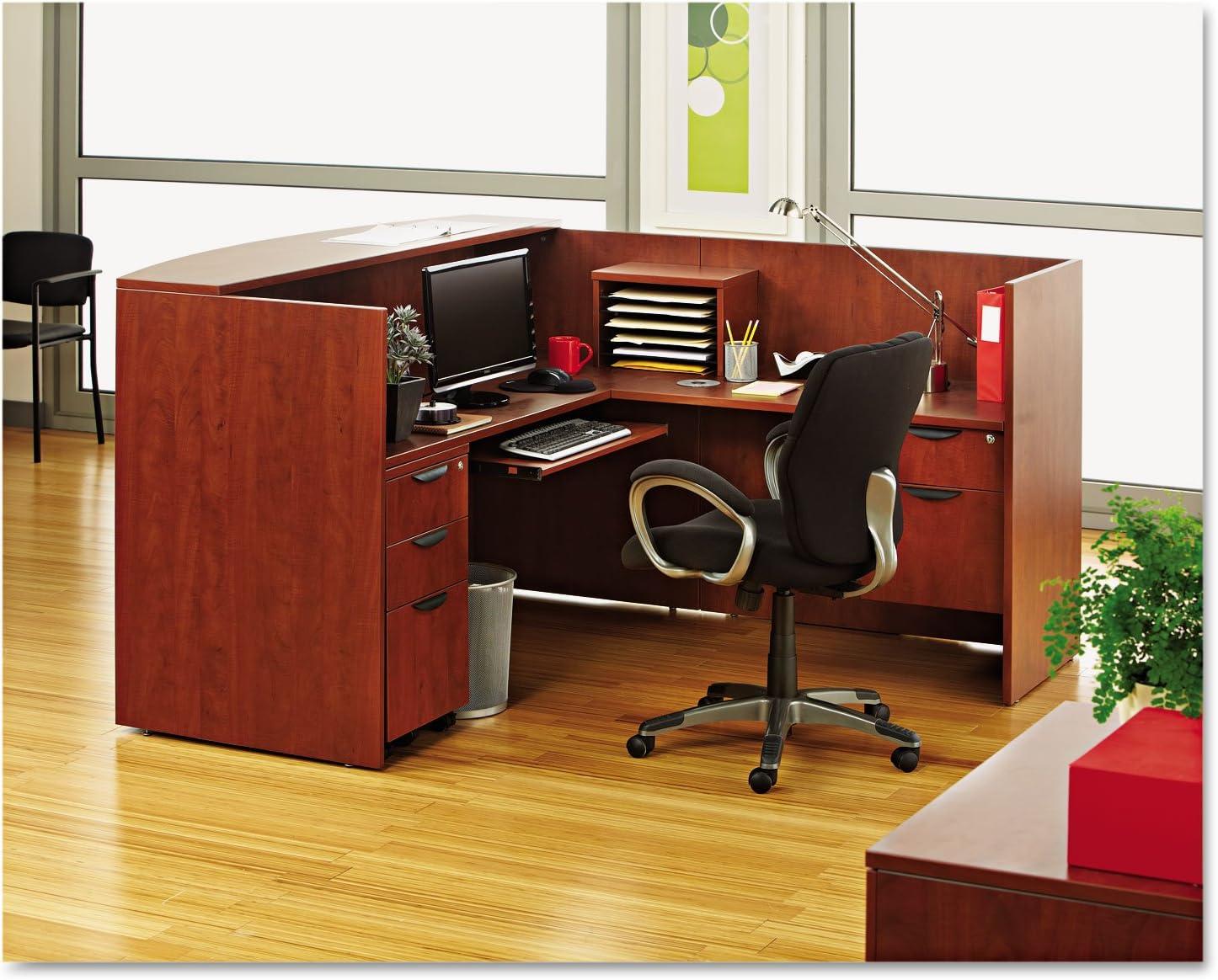 Alera Valencia Series Reception Desk with Transaction Counter, 71" x 35.5" x 29.5" to 42.5", Medium Cherry