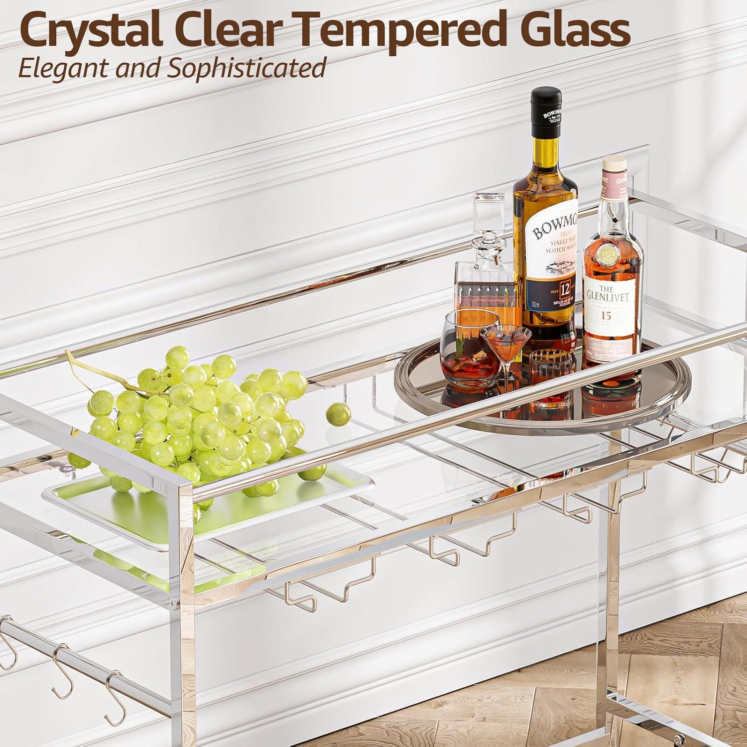 Bar Cart, Bar Serving Cart with Wheels, 2 Tier Bar Carts for The Home Kitchen Dining Room with Wine Rack and Glass Holder (Gold)