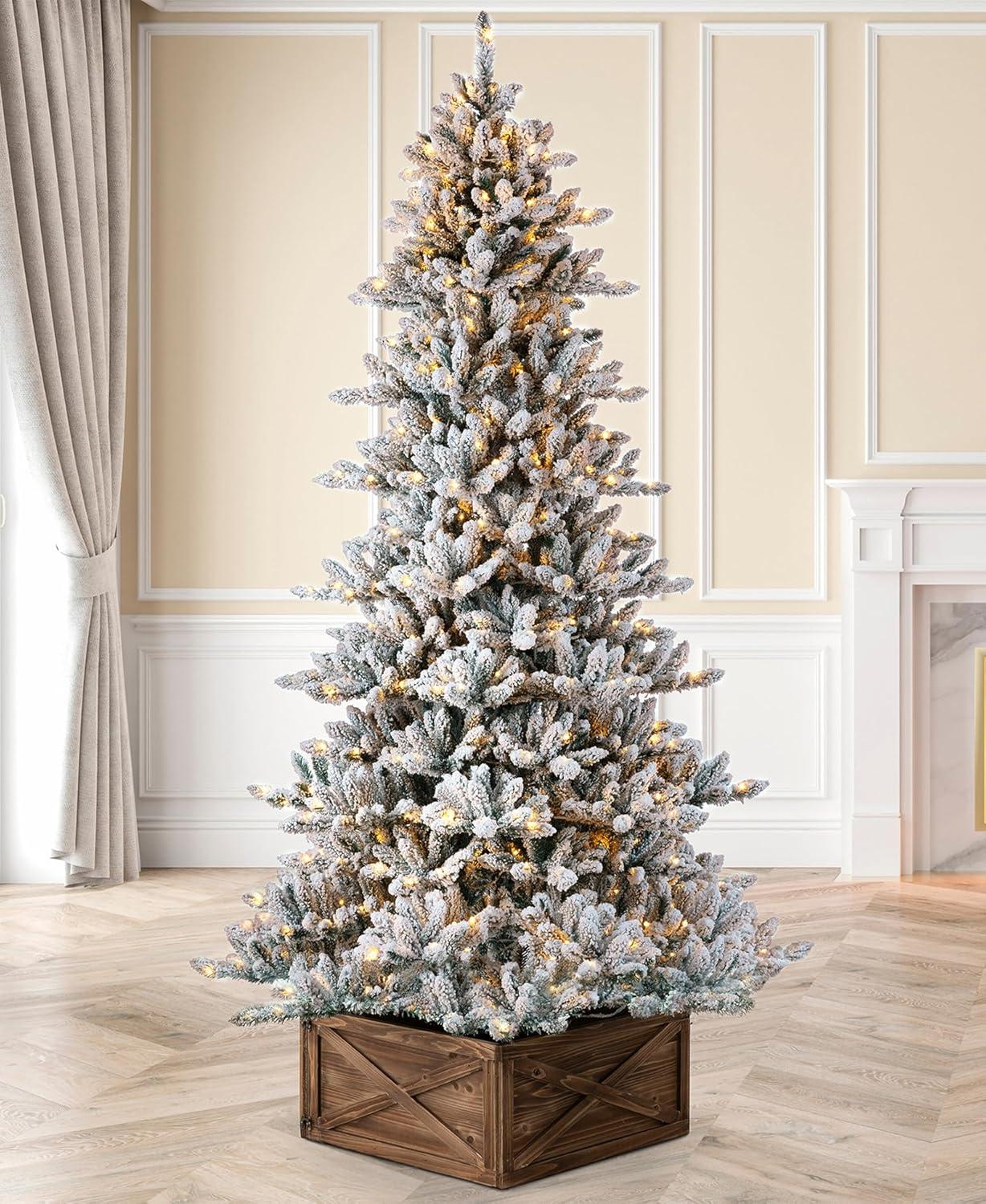 Glitz Design Glitzhome 9ft Pre-Lit Snow Flocked Fir Artificial Christmas Tree with 650 Warm White