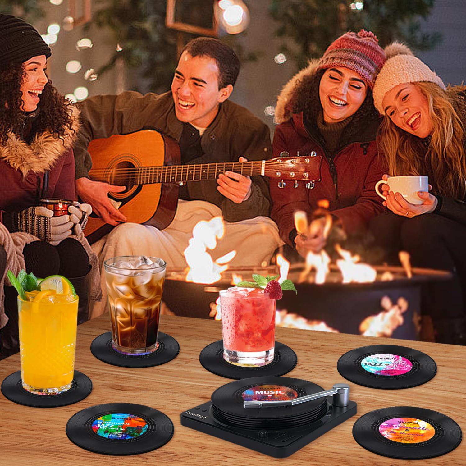 Funny Retro Record Coasters for Drinks with Vinyl Player Holder for Music Lovers,Set of 6 Conversation Piece Sayings Drink Coaster,Housewarming Hostess Wedding Registry Gift Ideas