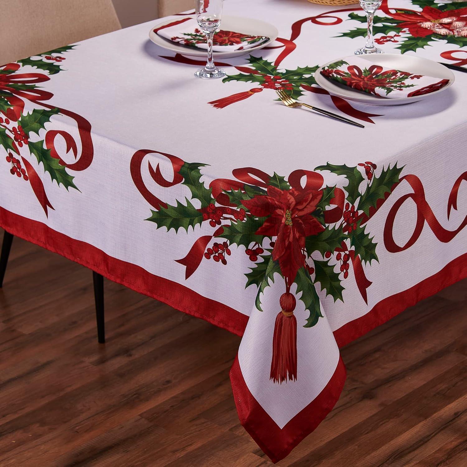 Elegant Christmas Ribbon Tablecloth with Red and Green Design, 60 x 126 Inch