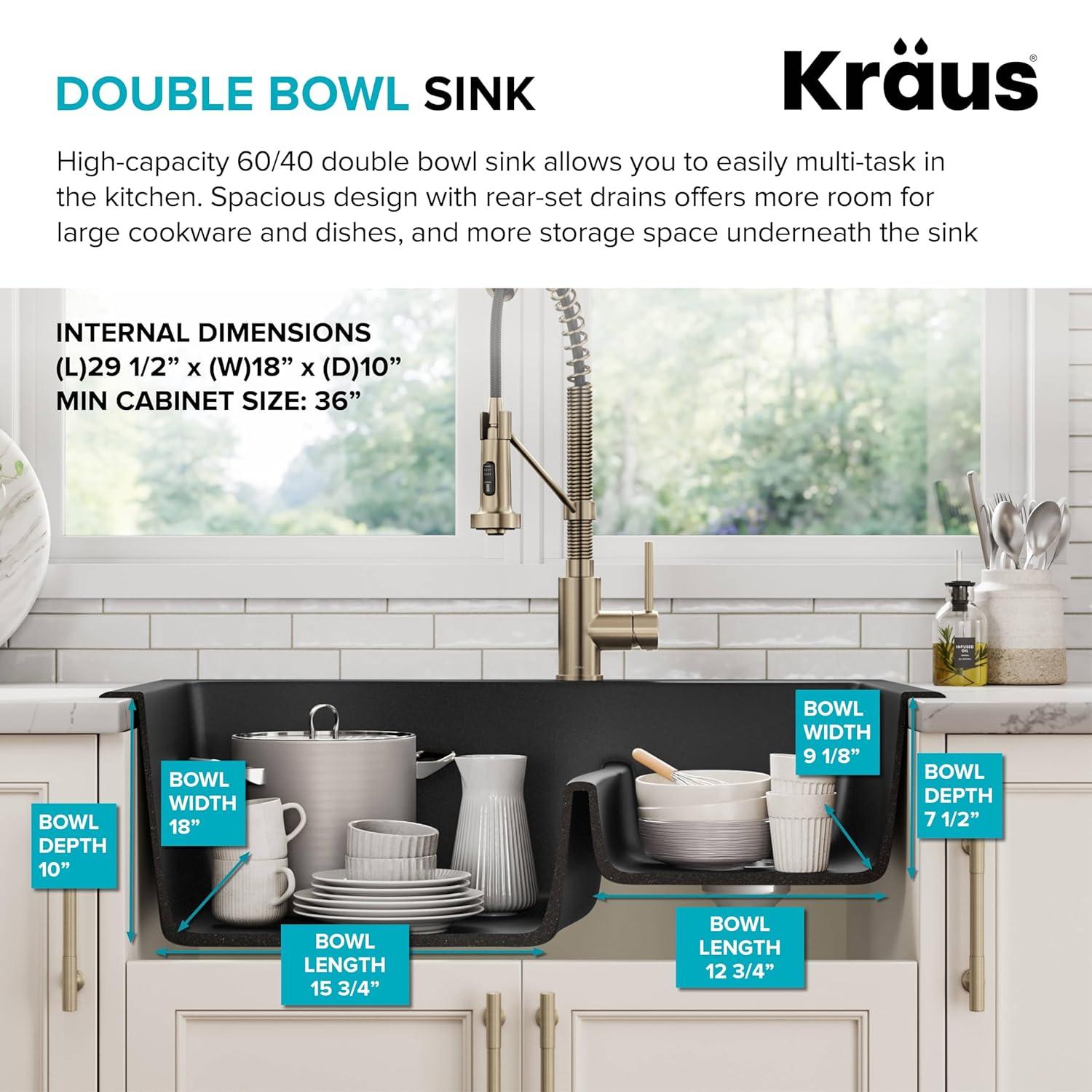 Kraus KRAUS Quarza™ 33" L Dual Mount 60/40 Double Bowl Granite Kitchen Sink KGD-442GREY