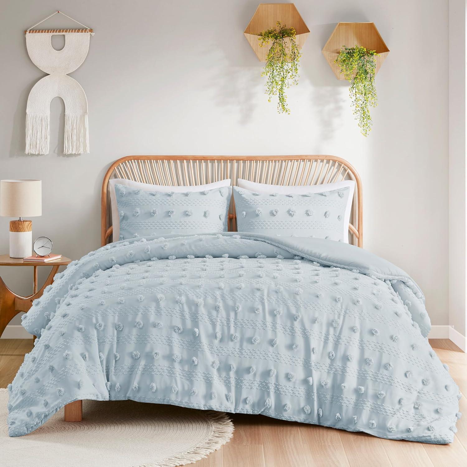 Blue Clip Jacquard Twin/Twin XL Duvet Cover Set with Pompom Accents