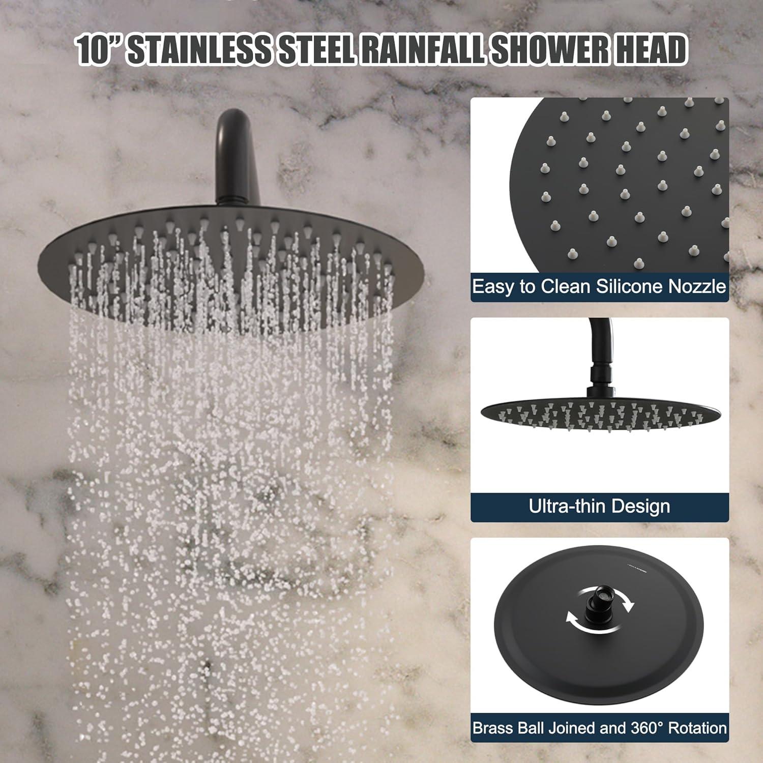 High-Pressure Shower System with 10 Inch Round Rain Shower Head and Handheld Wall Mounted, Shower Faucet Set Combo Set with 2 in 1 Handheld Showerhead for Bathroom, Matte Black