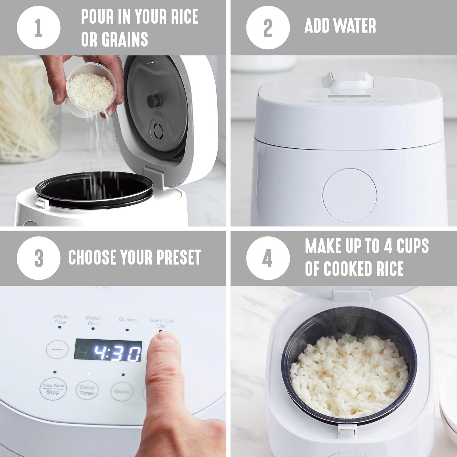 Compact White Electric Rice and Grains Cooker with Ceramic Nonstick Bowl