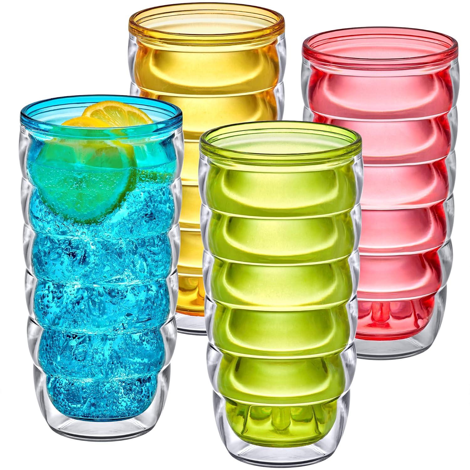 Amazing Abby - Arctic - 24-Ounce Insulated Plastic Tumblers (Set of 4), Double-Wall Plastic Drinking Glasses, Mixed-Color Reusable Plastic Cups, BPA-Free, Shatter-Proof, Dishwasher-Safe