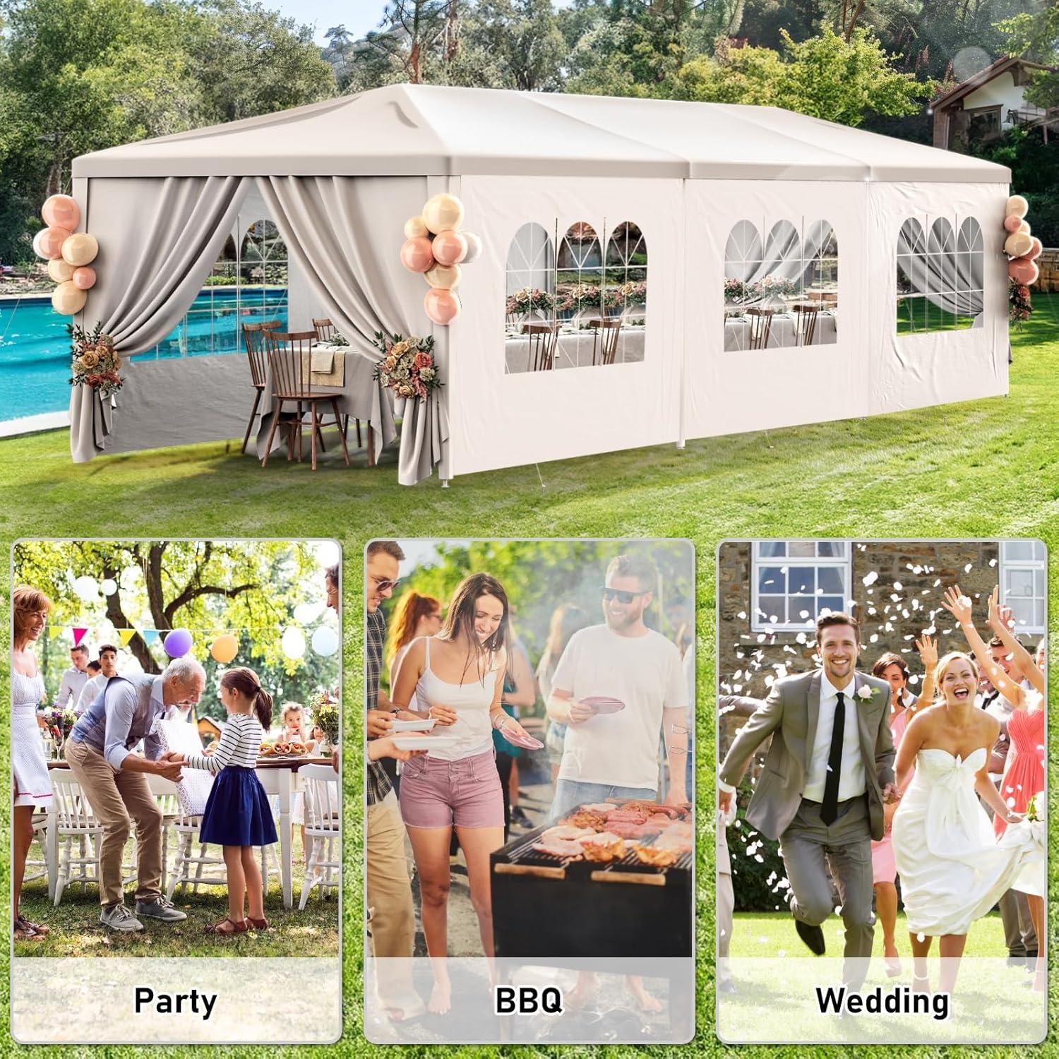 10'x30' Outdoor Party Tent with 8 Removable Sidewalls, Waterproof Canopy Patio Wedding Gazebo, White