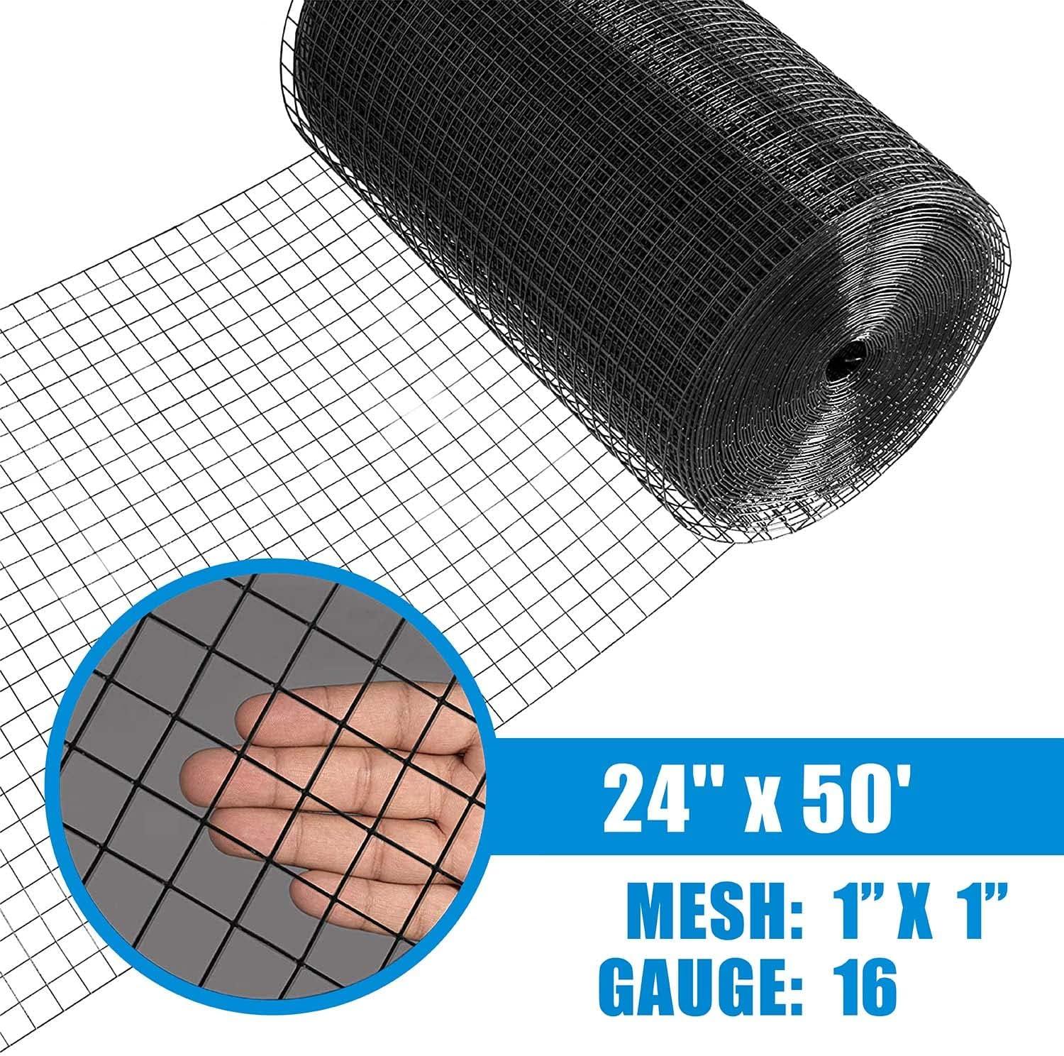 Fencer Wire 16 Gauge Black Vinyl Coated Welded Wire Mesh, 1” x 1” Mesh Size for Home and Garden Fence and Pet Enclosures Protect Chickens Rabbits and Farmed Animals