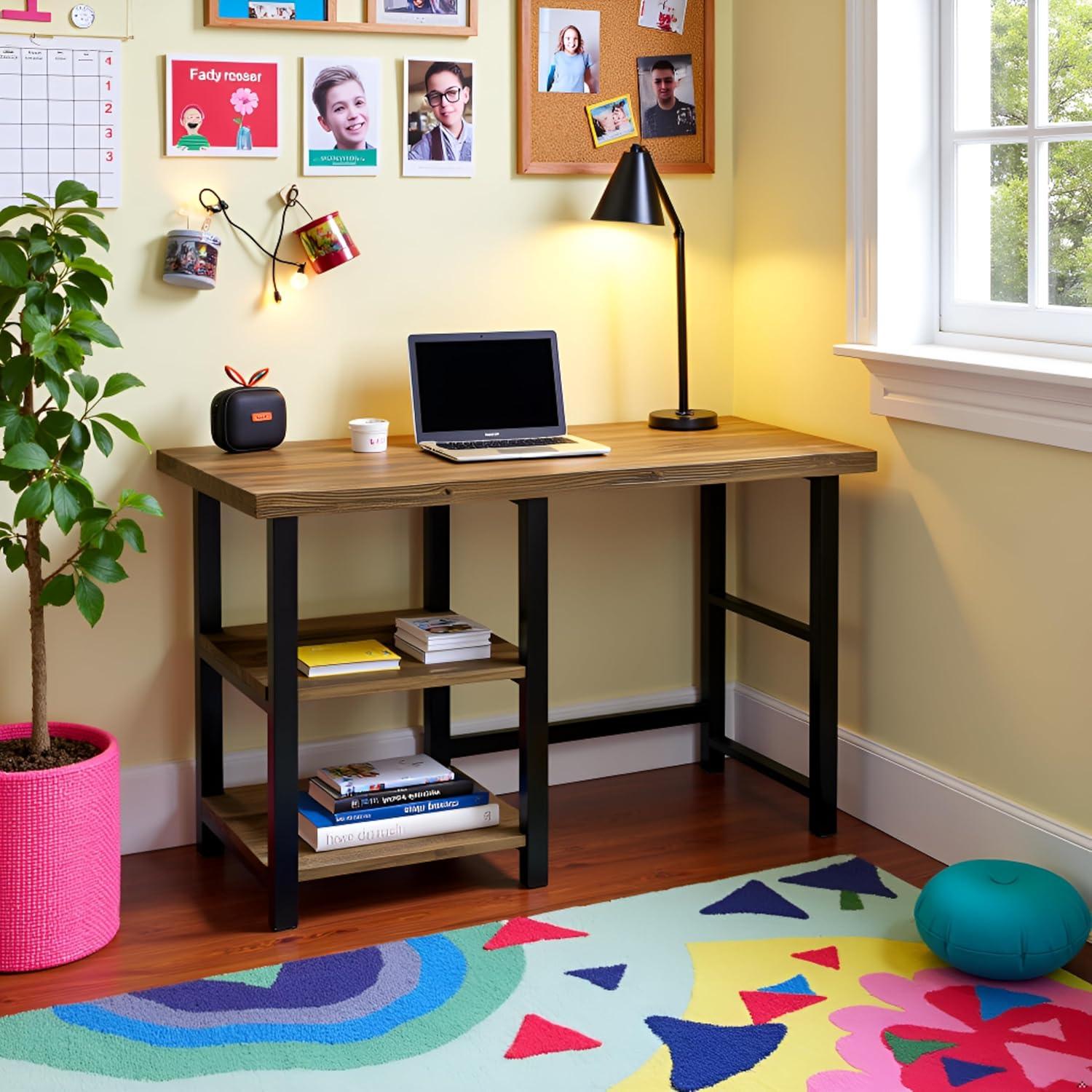Pomona Writing Desk with Two Shelves Metal and Solid Wood Natural - Alaterre Furniture: Modern Style, Open Storage, Home Office