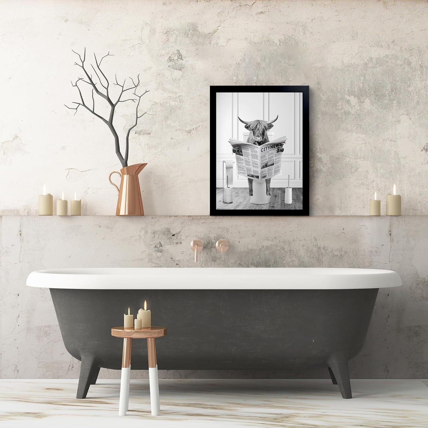 Modern Black Framed Highland Cow Wall Art Minimalist Bathroom Wall Decor Cute Funny Animals Artwork Canvas Prints Ready to Hang for Guest Bathroom, Hotel, Condo, Kids Bathroom, 12”x16”