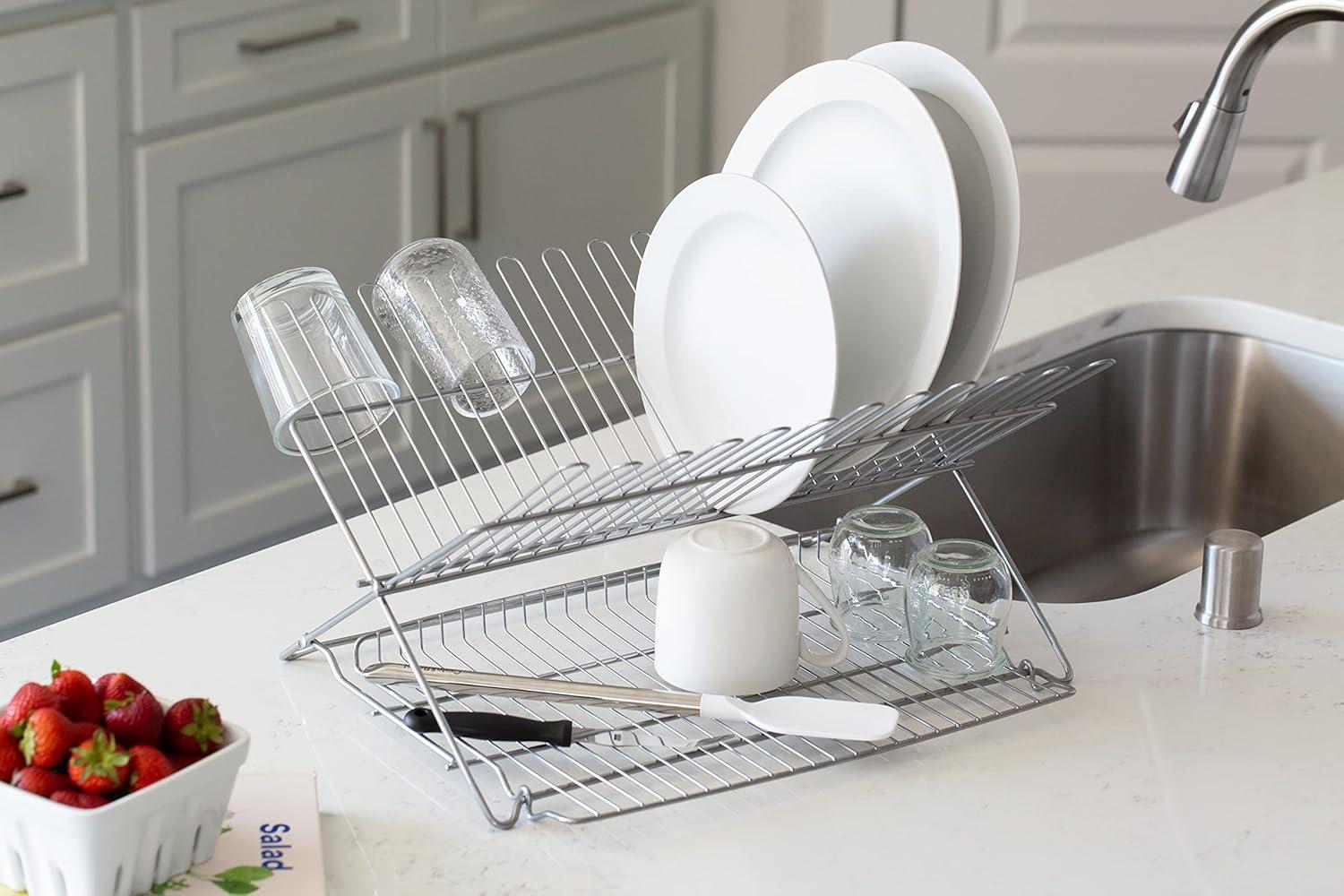 Better Houseware Extra-Large Metallic Folding Dish Rack in Silver