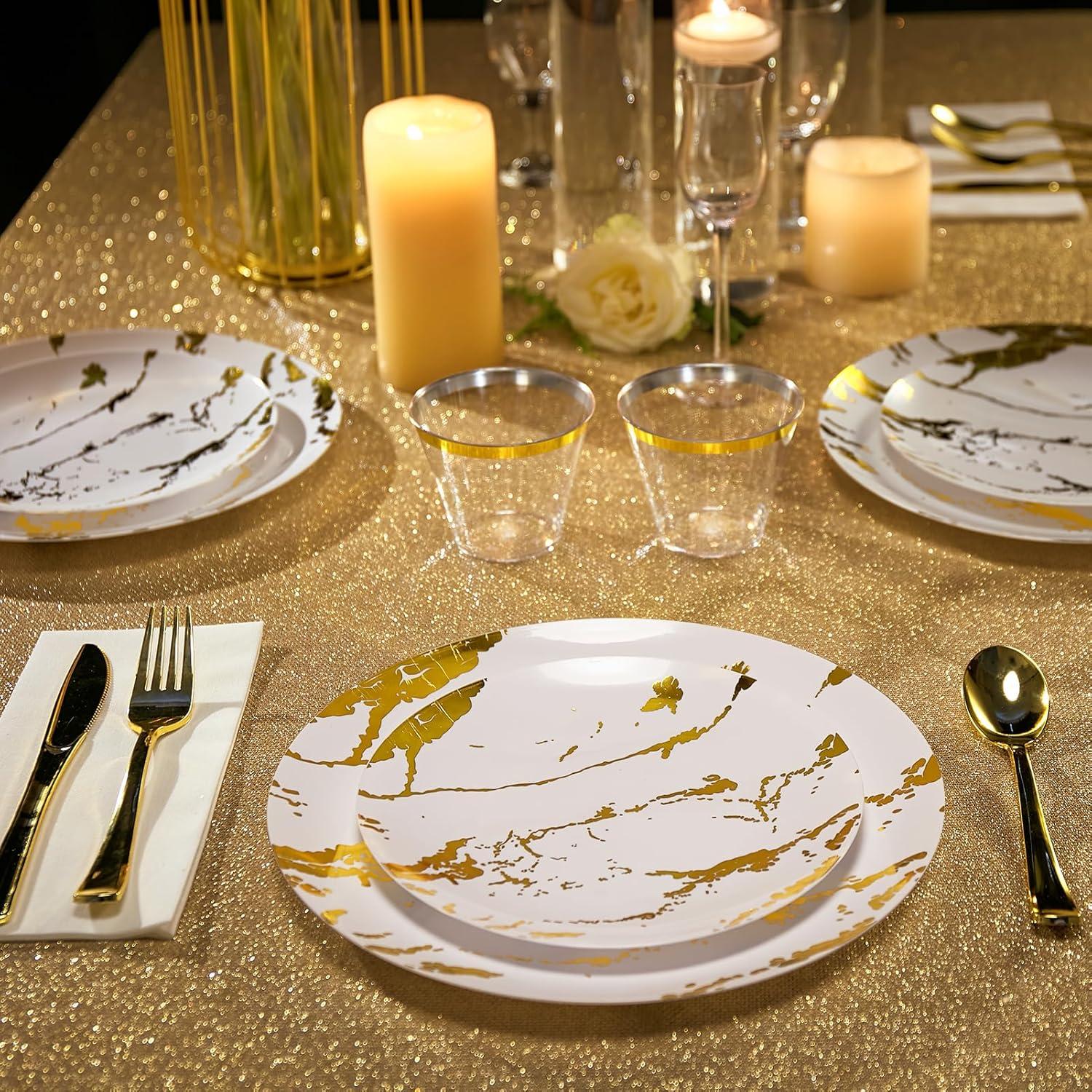 Luxurious White and Gold Marble Design Disposable Dinnerware Set for 30 Guests