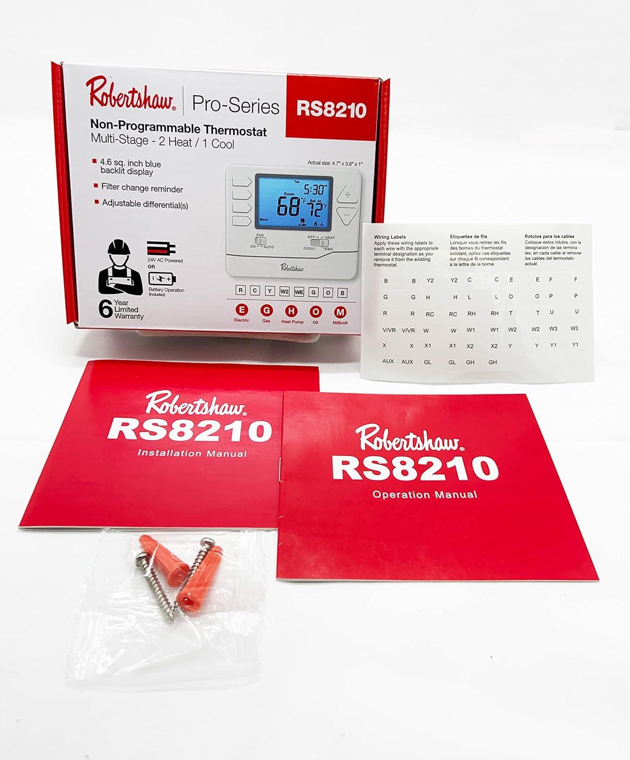 RS8210 Pro Series Non-Programmable Thermostat, Multi-Stage, 2 Heat / 1 Cool