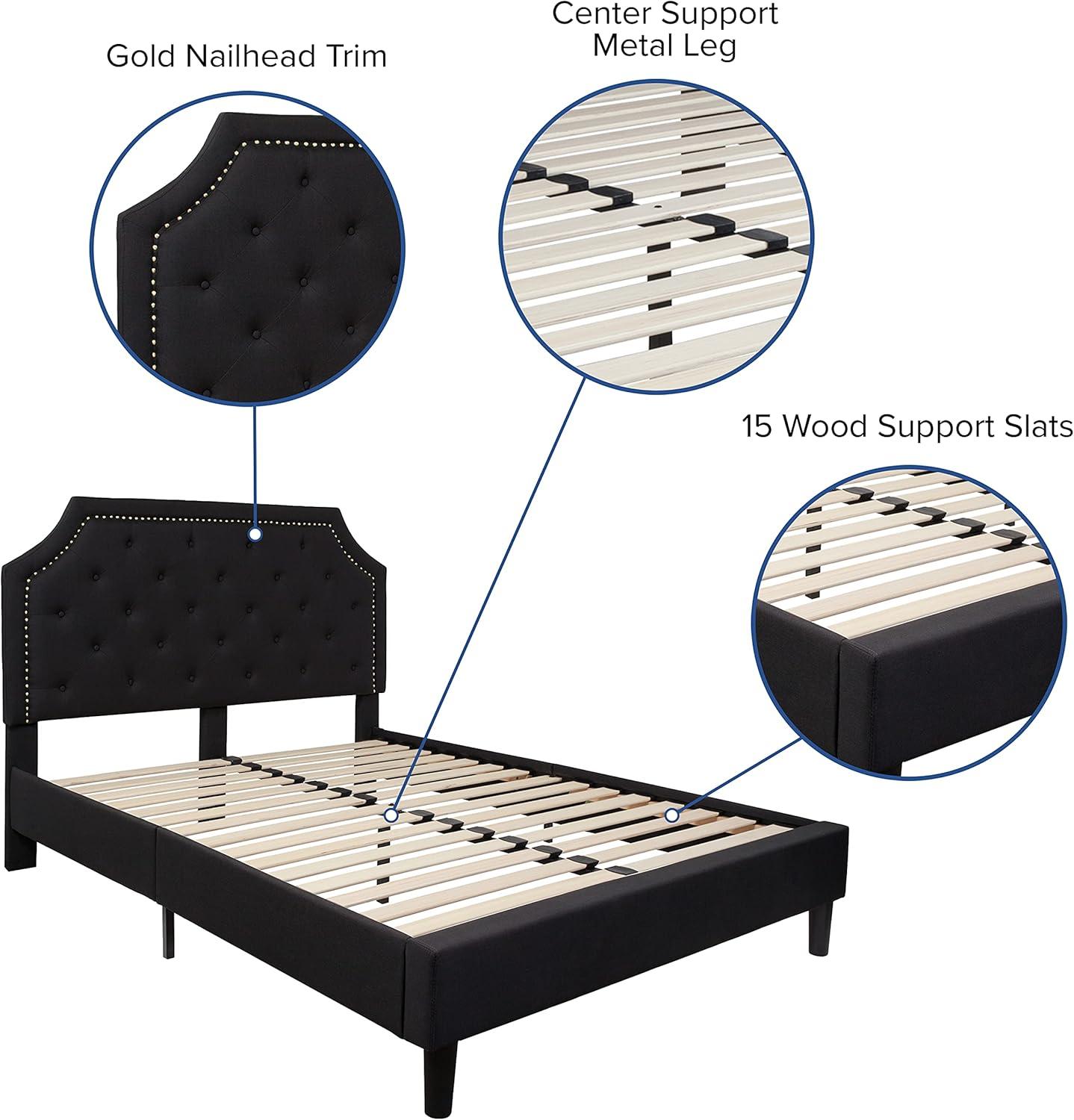 Elegant Full-Size Black Upholstered Platform Bed with Tufted Headboard