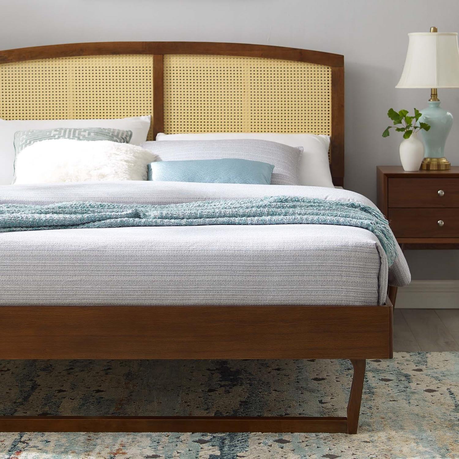 Modway Sierra Cane Rattan and Wood Queen Platform Bed with Angular Legs - Walnut