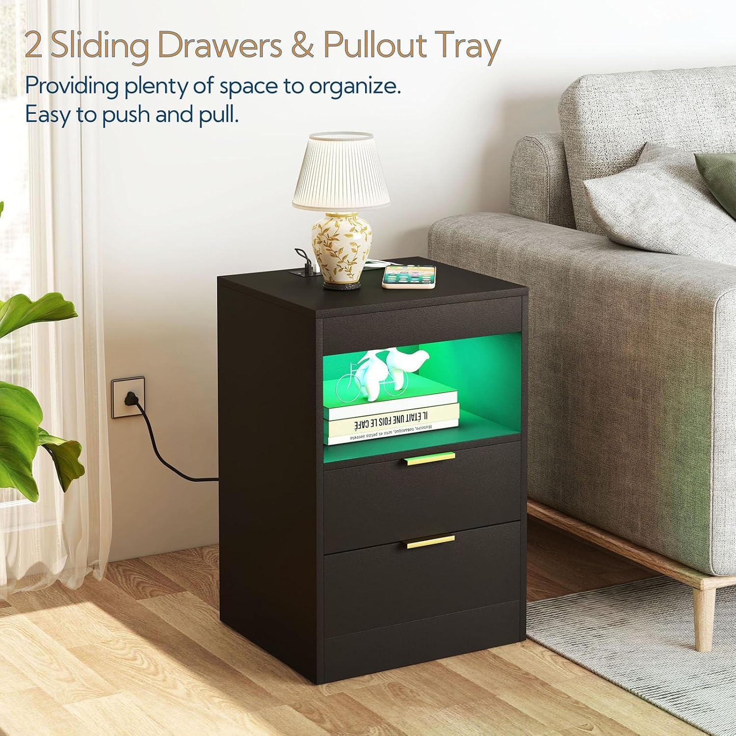 Black MDF Nightstand with LED Lights and Charging Station