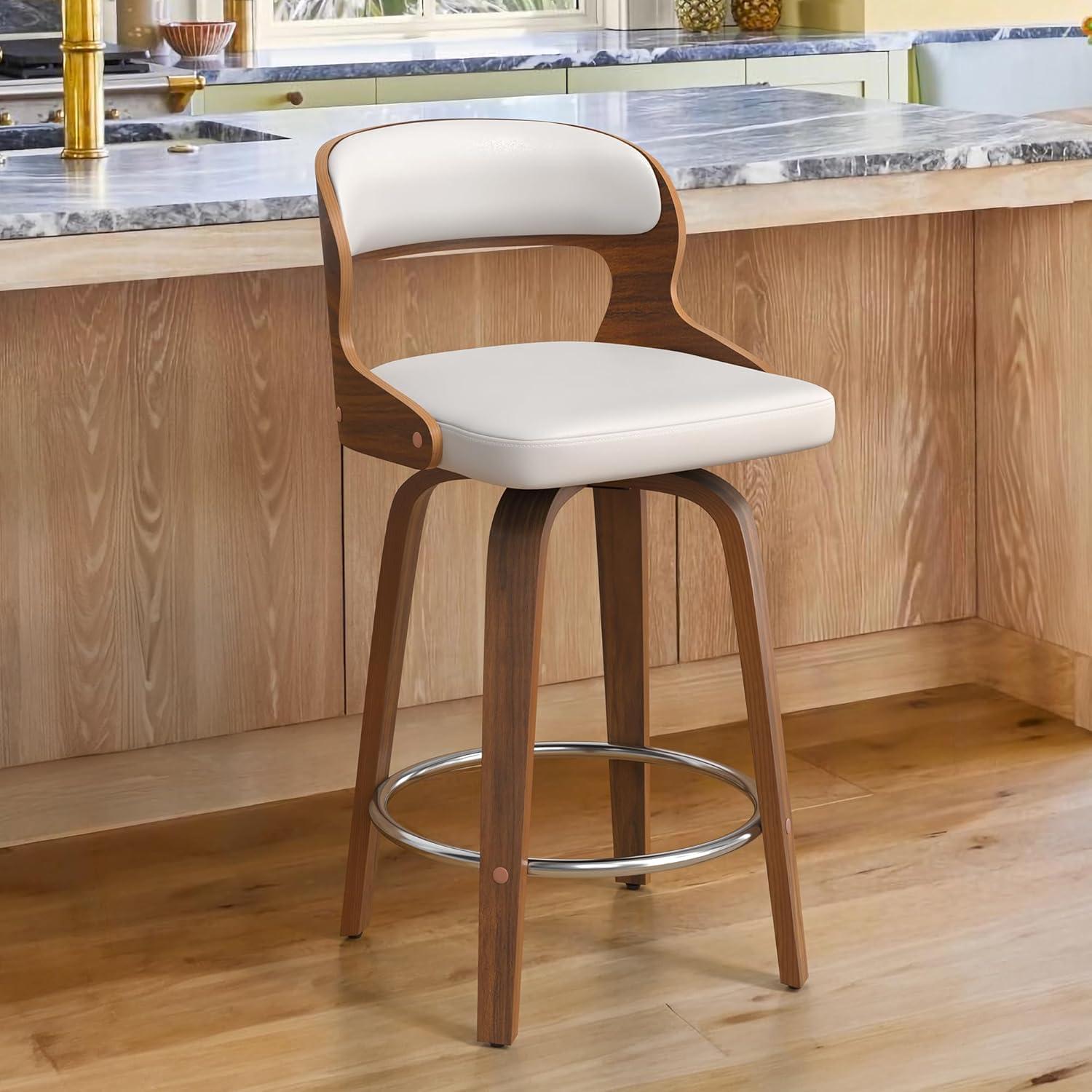 Dycanpo 26”Bar Stools Swivel, Wood Counter Height Bar Stools for Home Kitchen, White