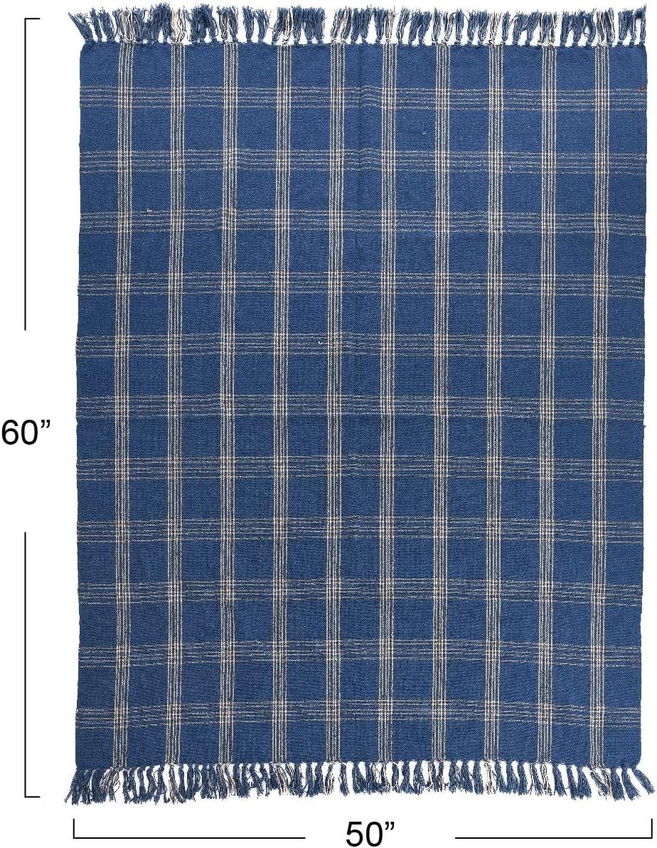 Blue Plaid Recycled Cotton Blend Throw Blanket with Fringe