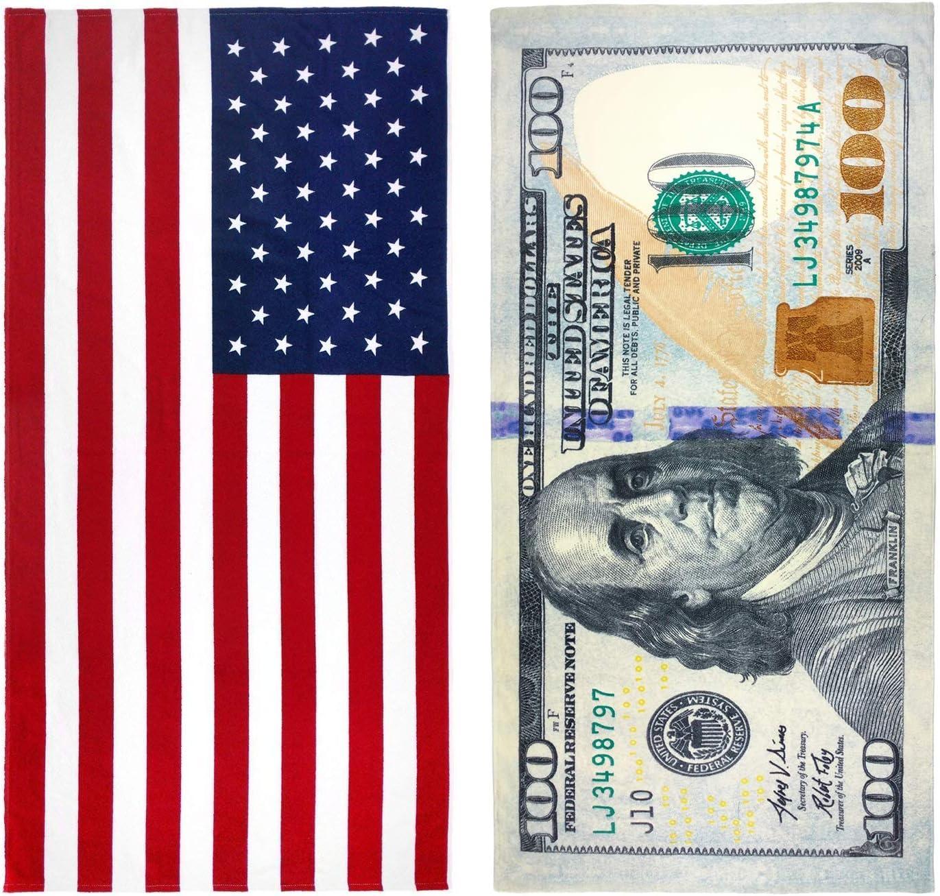Kaufman - Printed Beach and Pool Towel Set, 100% Cotton, 30 inch x 60 inch (American Flag/100 Dollar Bill)