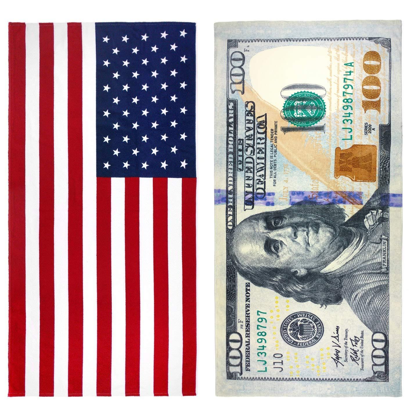 Kaufman - Printed Beach and Pool Towel Set, 100% Cotton, 30 inch x 60 inch (American Flag/100 Dollar Bill)