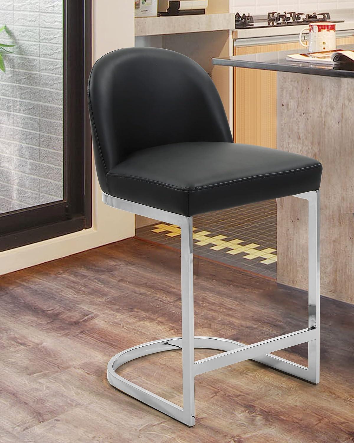 Xander Counter Stool Chair PU Leather Upholstered Armless Design Half-Moon Chrome Plated Solid Metal U-Shaped Base Modern Contemporary, Black