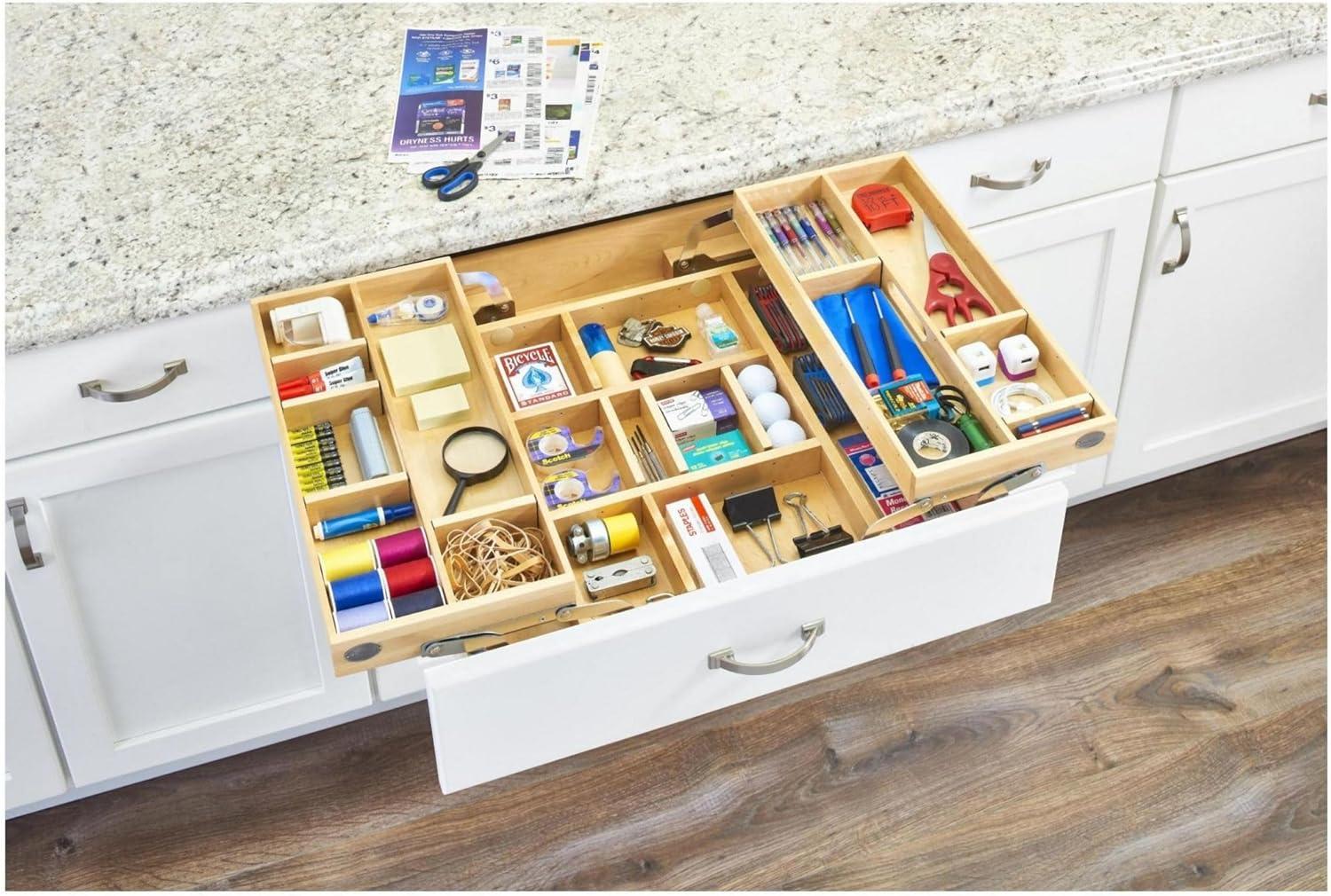 Adjustable Light Brown Maple Wood Kitchen Drawer Organizer