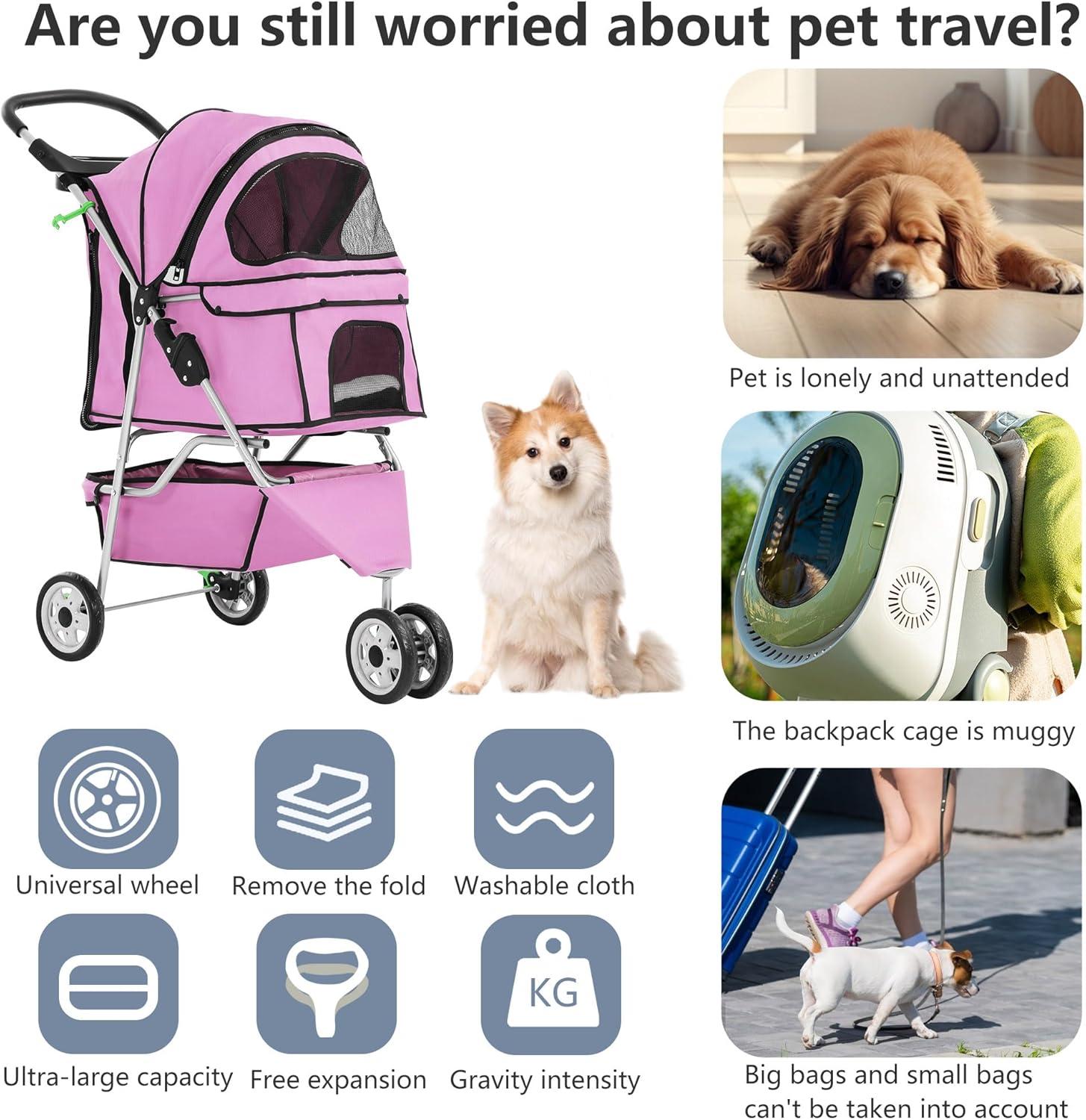 Pink 3-Wheel Foldable Waterproof Dog Stroller with Storage