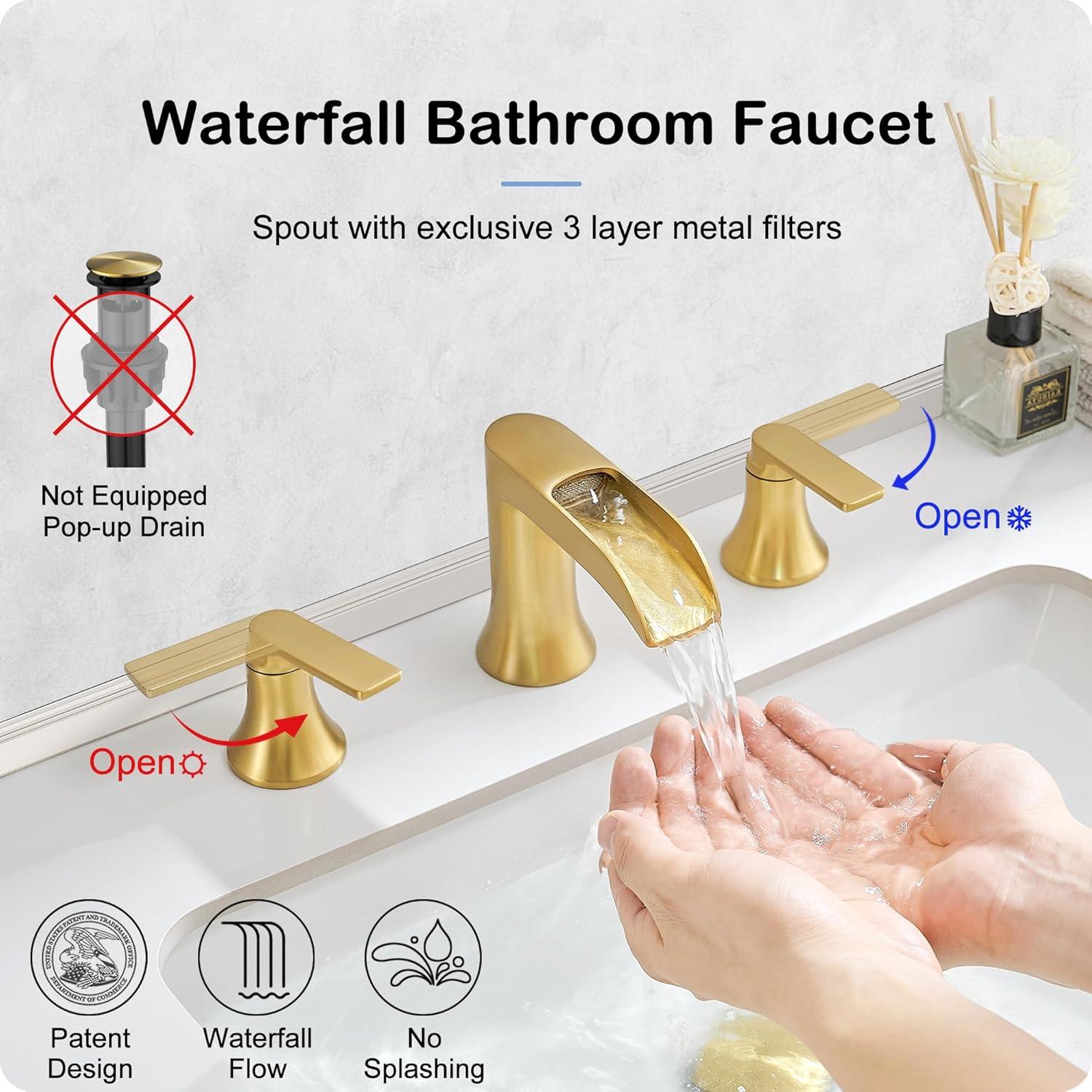 Brushed Gold Brass Double Handle Waterfall Bathroom Faucet