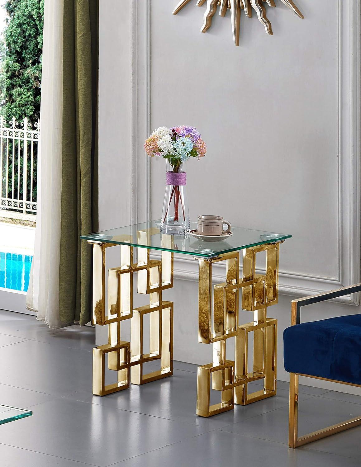 Pierre 20" Square Glass End Table with Gold Stainless Steel Base