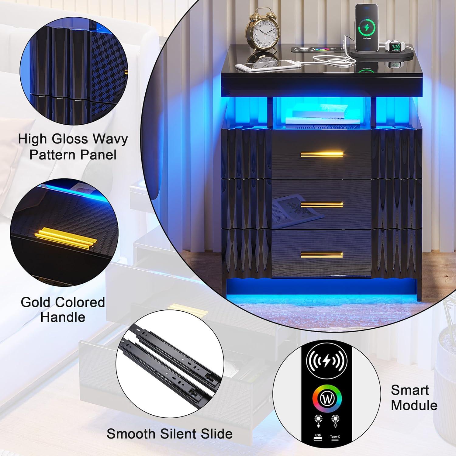 HNEBC Smart LED Nightstand with Wireless Charging & USB Ports, High Glossy Night Stand with 3 Drawers and 1 Pull-Out Tray, Modern Bedside Table with Human Sensor for Bedroom (White)