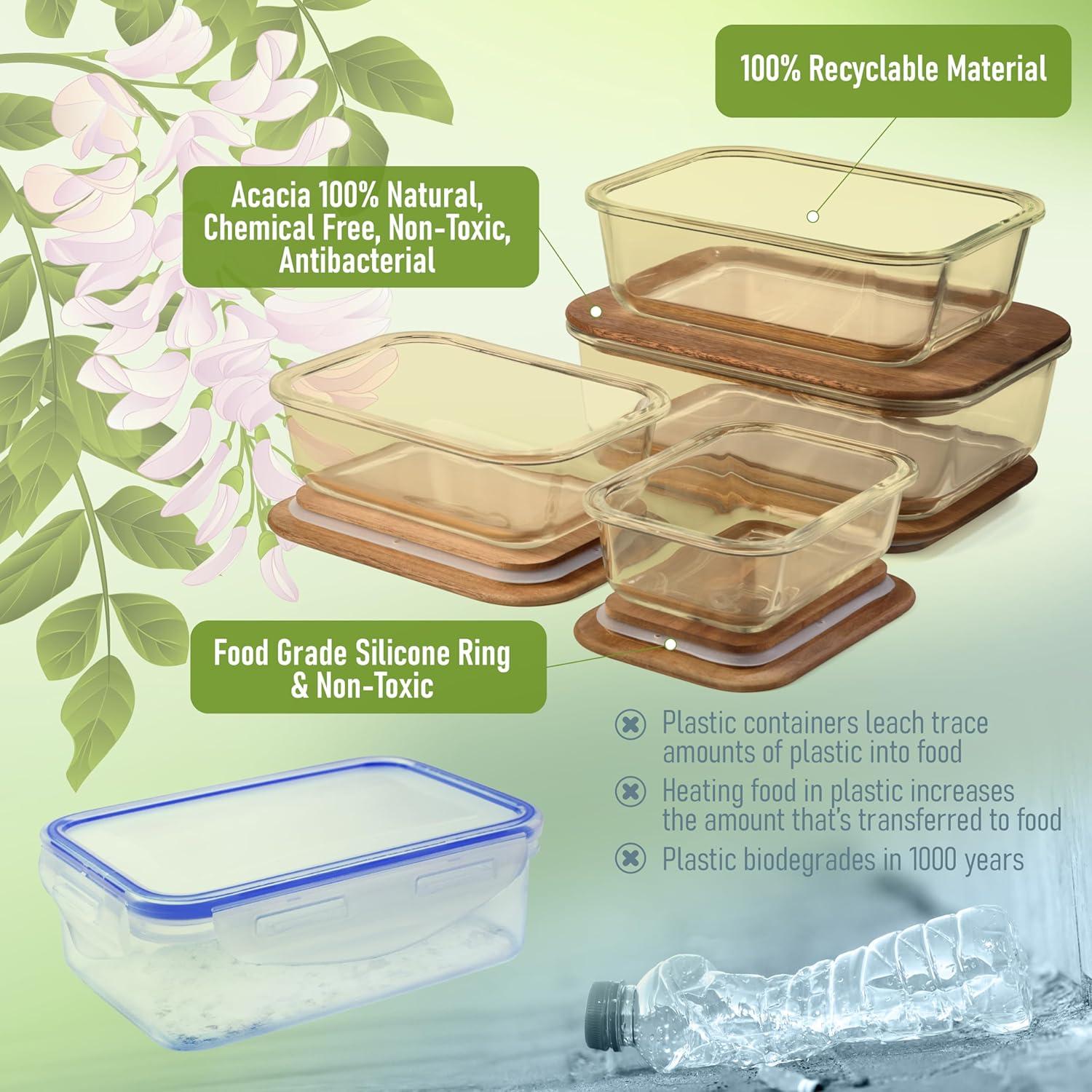 Amber Glass Meal Prep Containers with Acacia Lids, Set of 4