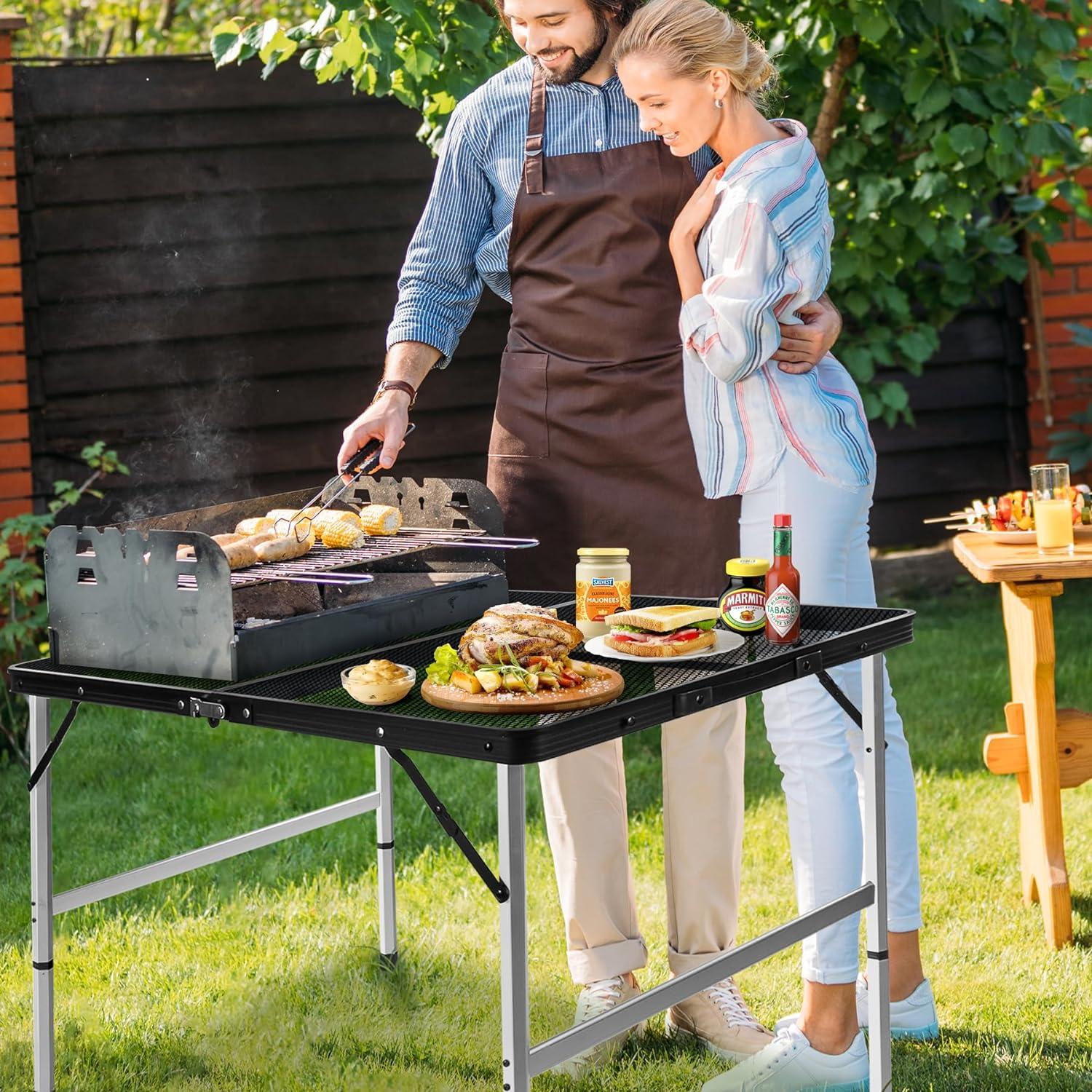 Black Adjustable Height Folding Grill Table with Metal Mesh