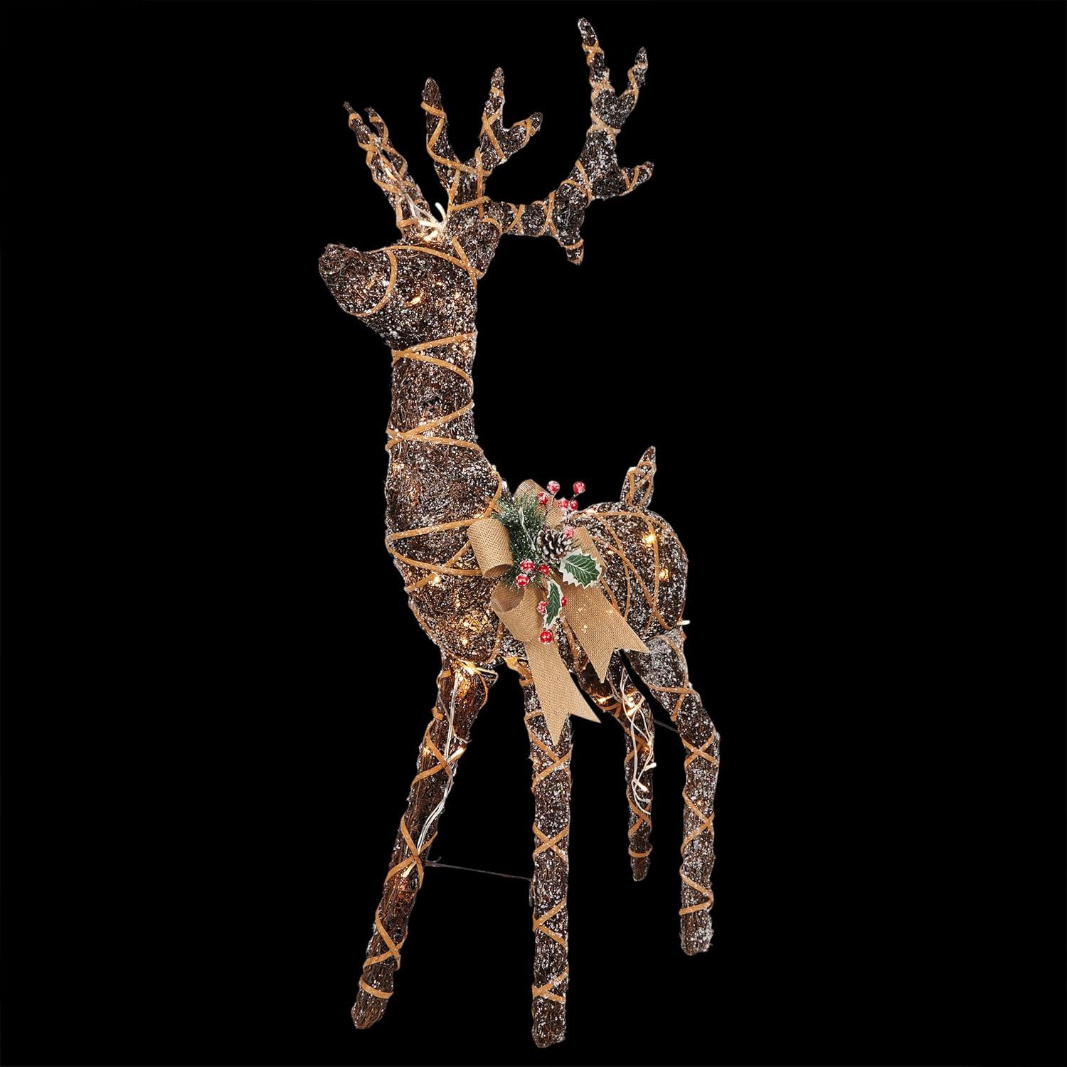 Twig with Natural Rattan Wrapped Reindeer and Warm White LED