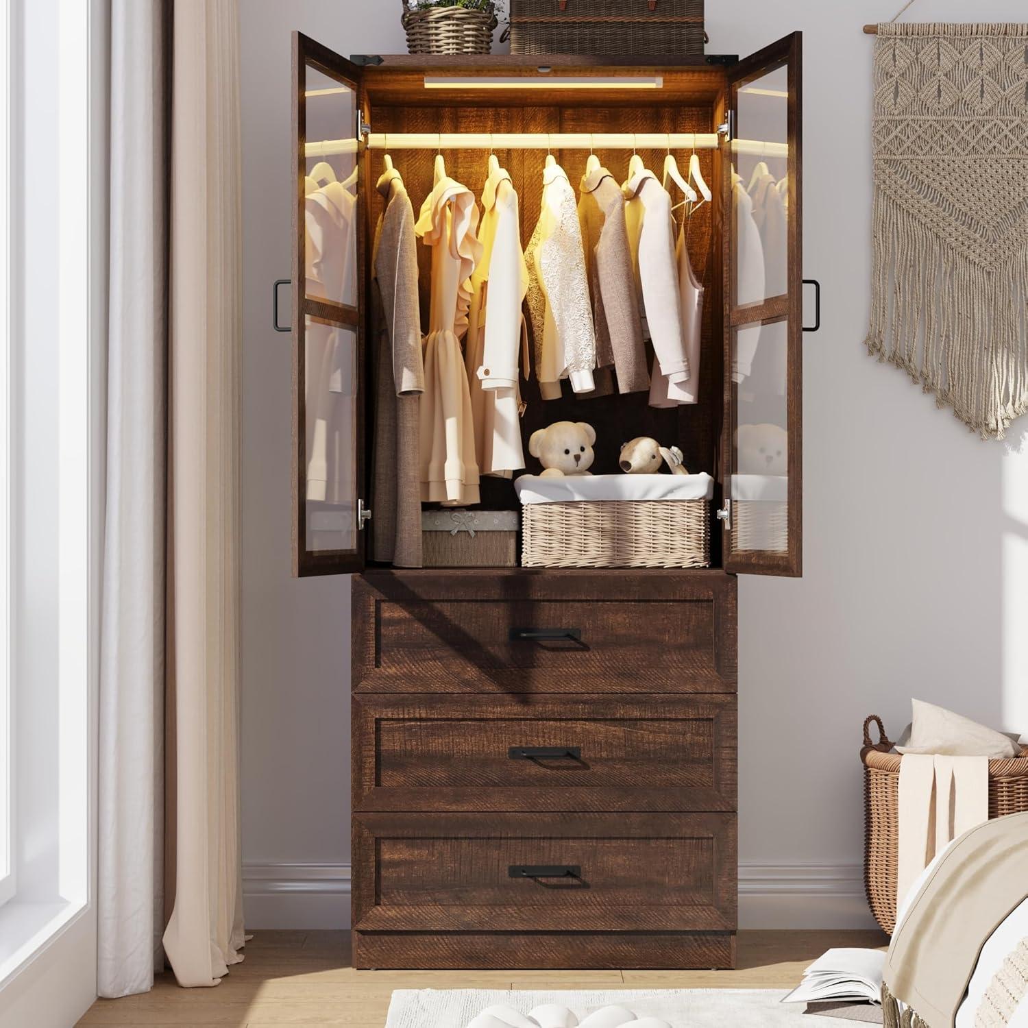 Ivy Bronx 75" Tall Farmhouse 2 Doors Armoire Wardrobe Closet with 3 Drawers and LED,Freestanding Closet