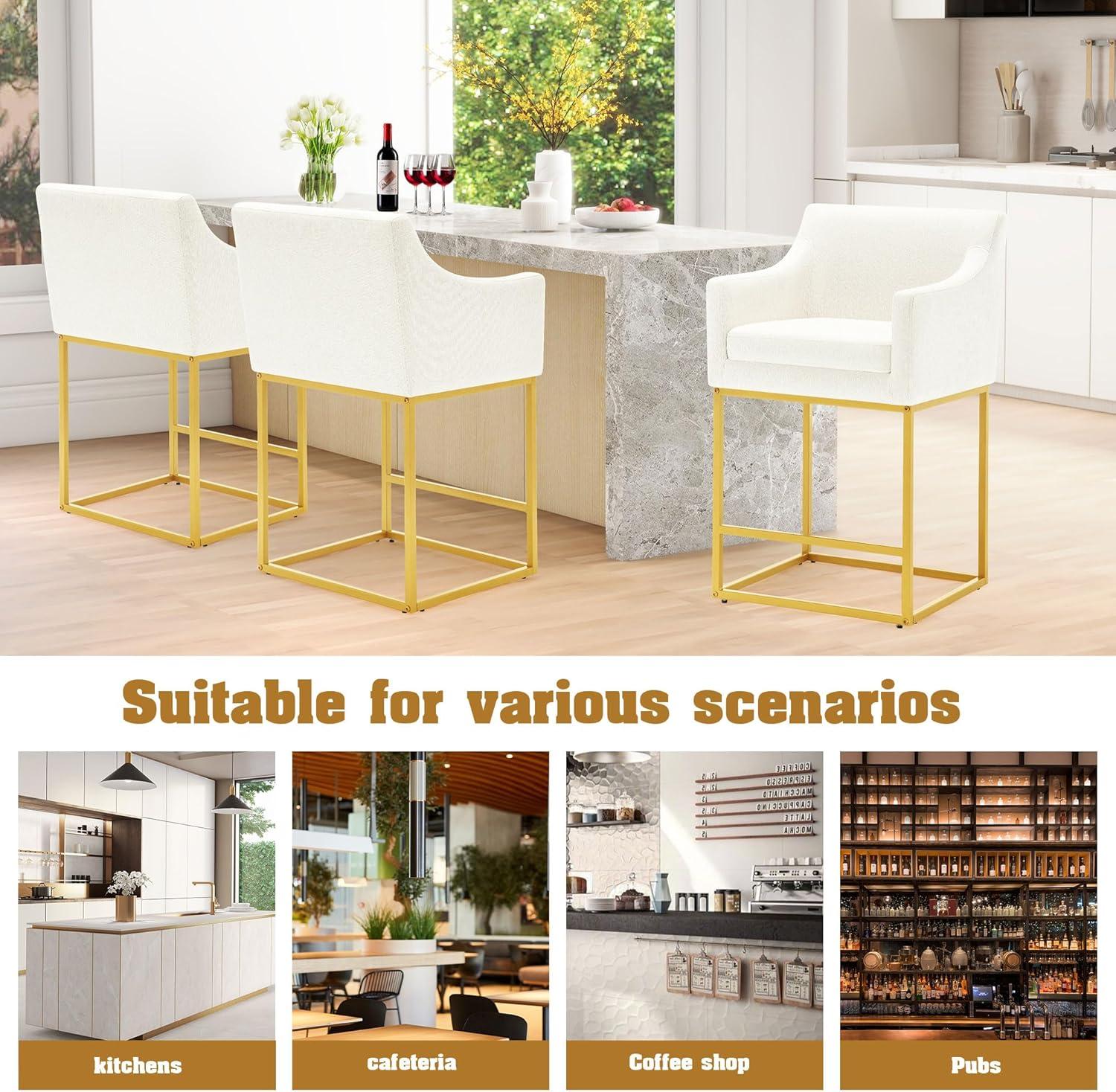 Beige and Gold Metal Frame Counter Height Bar Stools Set