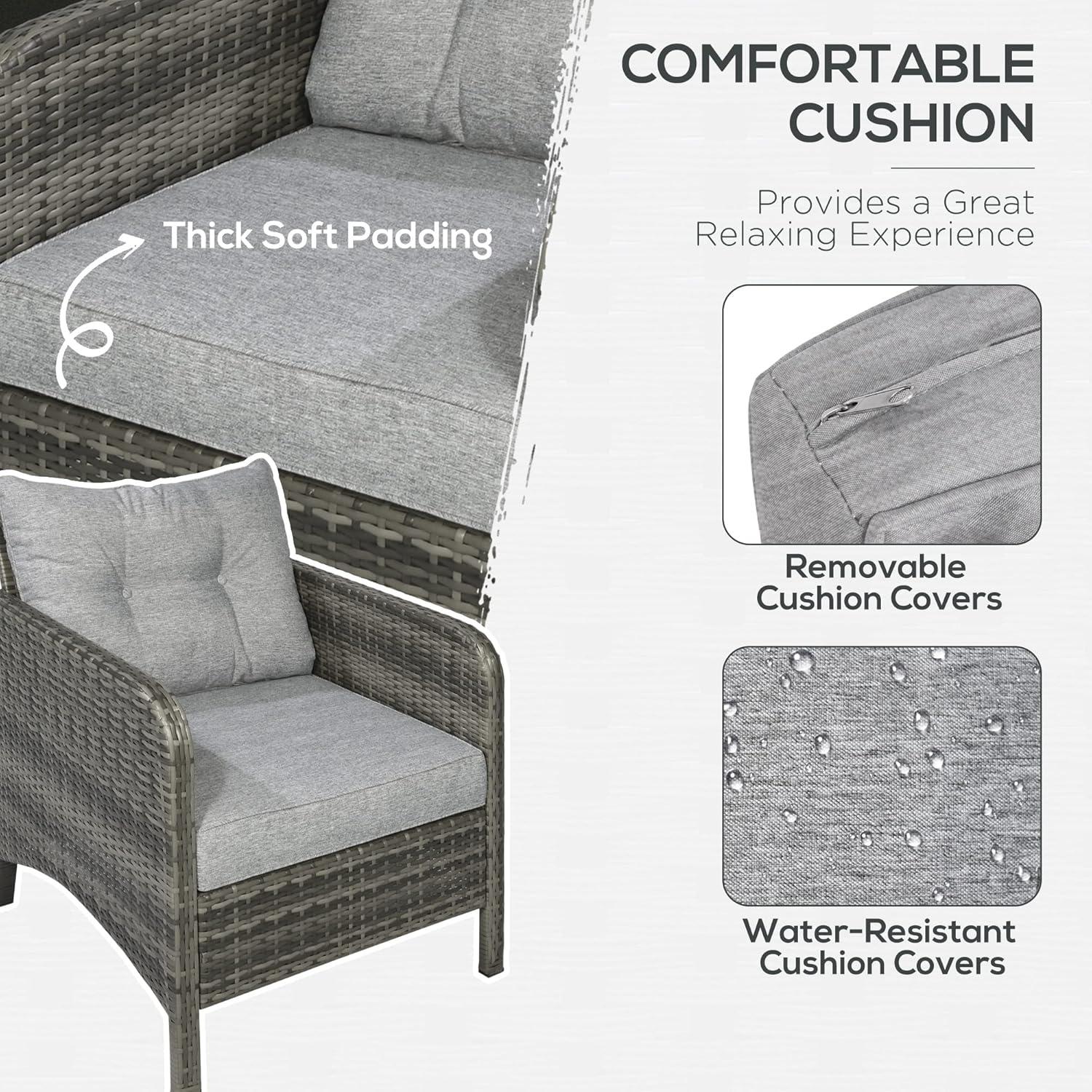 Outsunny 5 Pieces Rattan Wicker Lounge Chair Outdoor Patio Conversation Set with 2 Cushioned Chairs, 2 Ottomans & Glass Coffee Table, Gray