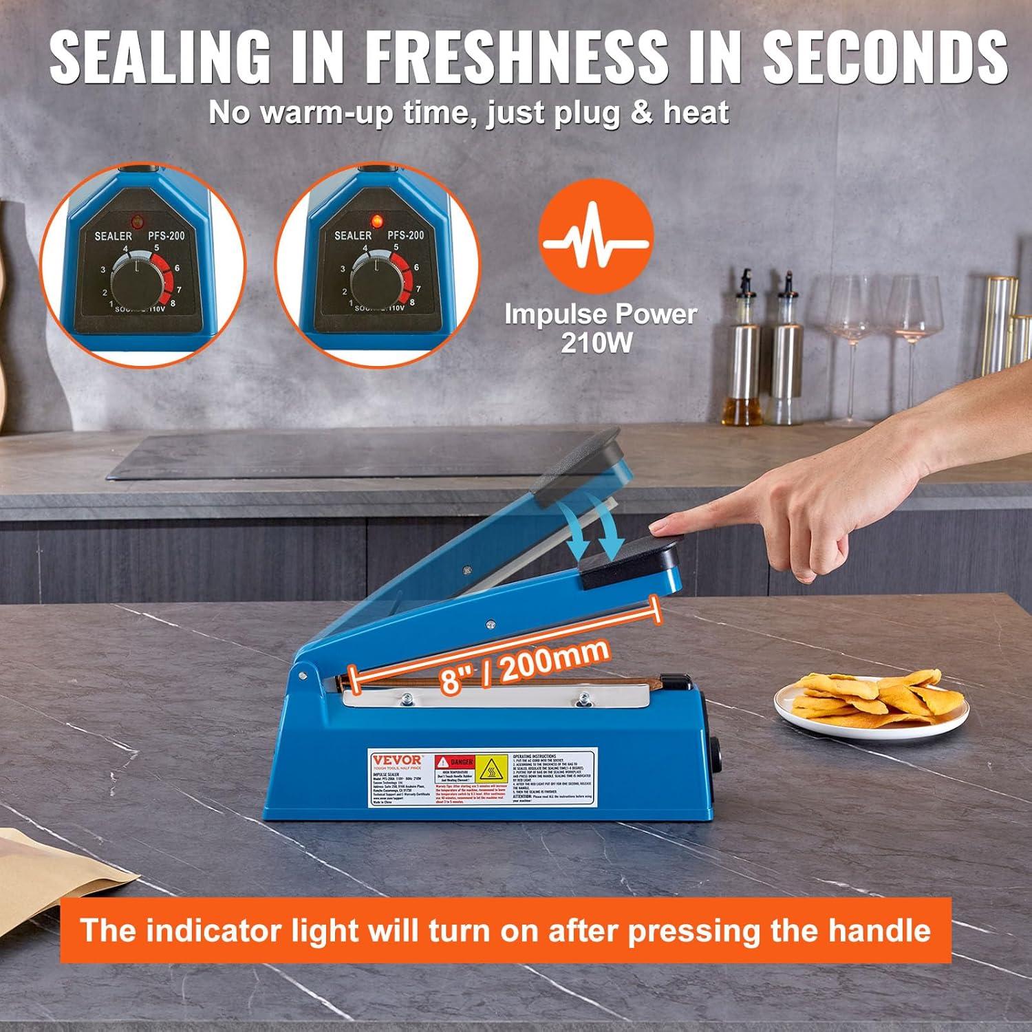 VEVOR 8-Inch Impulse Sealer, Adjustable Heat Manual Sealing Machine for Plastic, Mylar, PE, PP Bags - Portable Shrink Wrap Sealer with Extra Replacement Kit