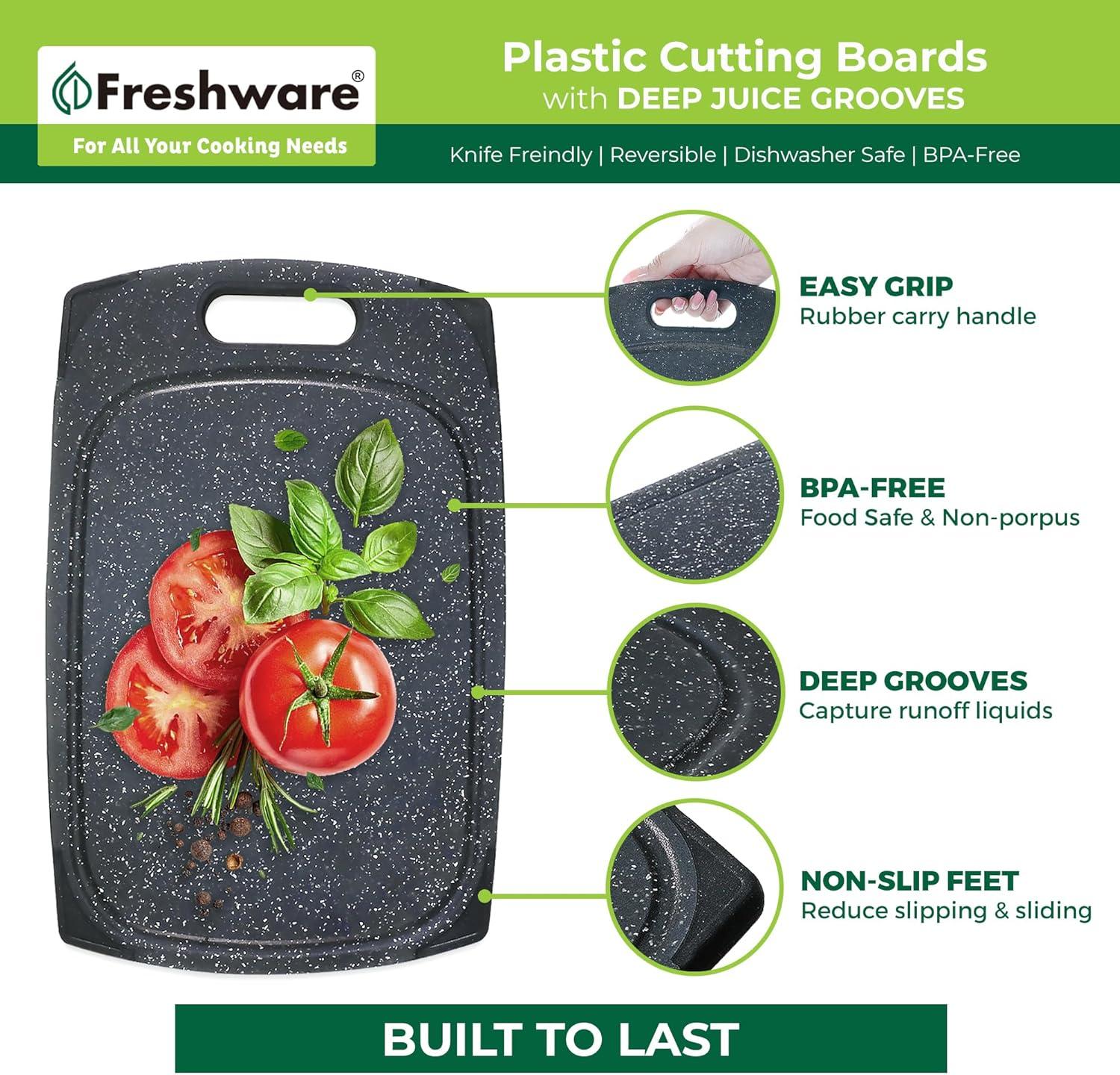 Plastic Cutting Boards for Kitchen, Cutting Board Set of 3, Juice Grooves with Easy Grip Handle, BPA-Free, Non-Porous, Dishwasher Safe, Black Marble