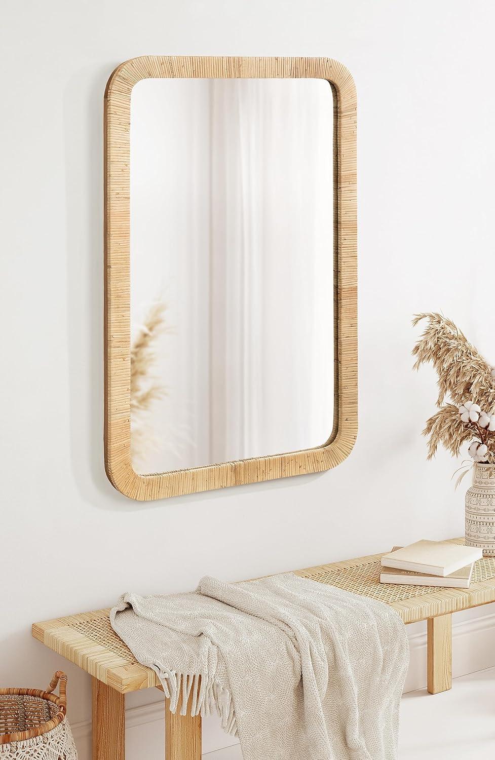 Natural Rattan Rectangular Wall Mirror with Rounded Corners