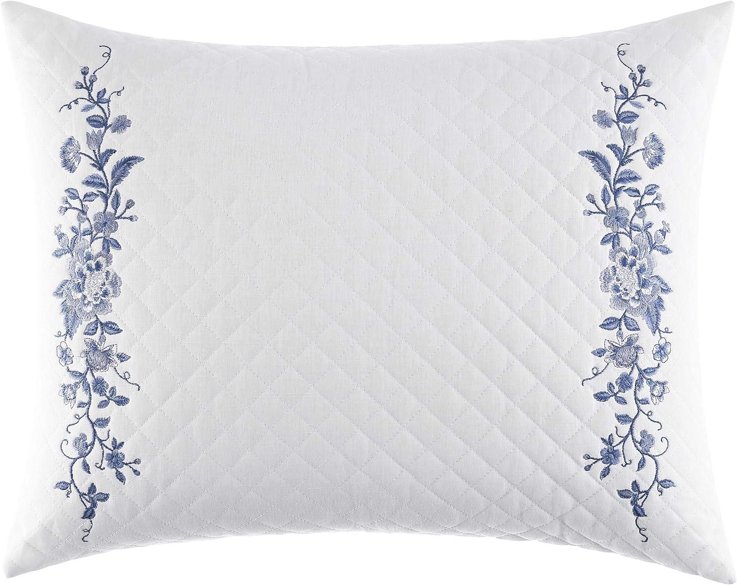 Charlotte Blue and White Embroidered Cotton Linen Pillow