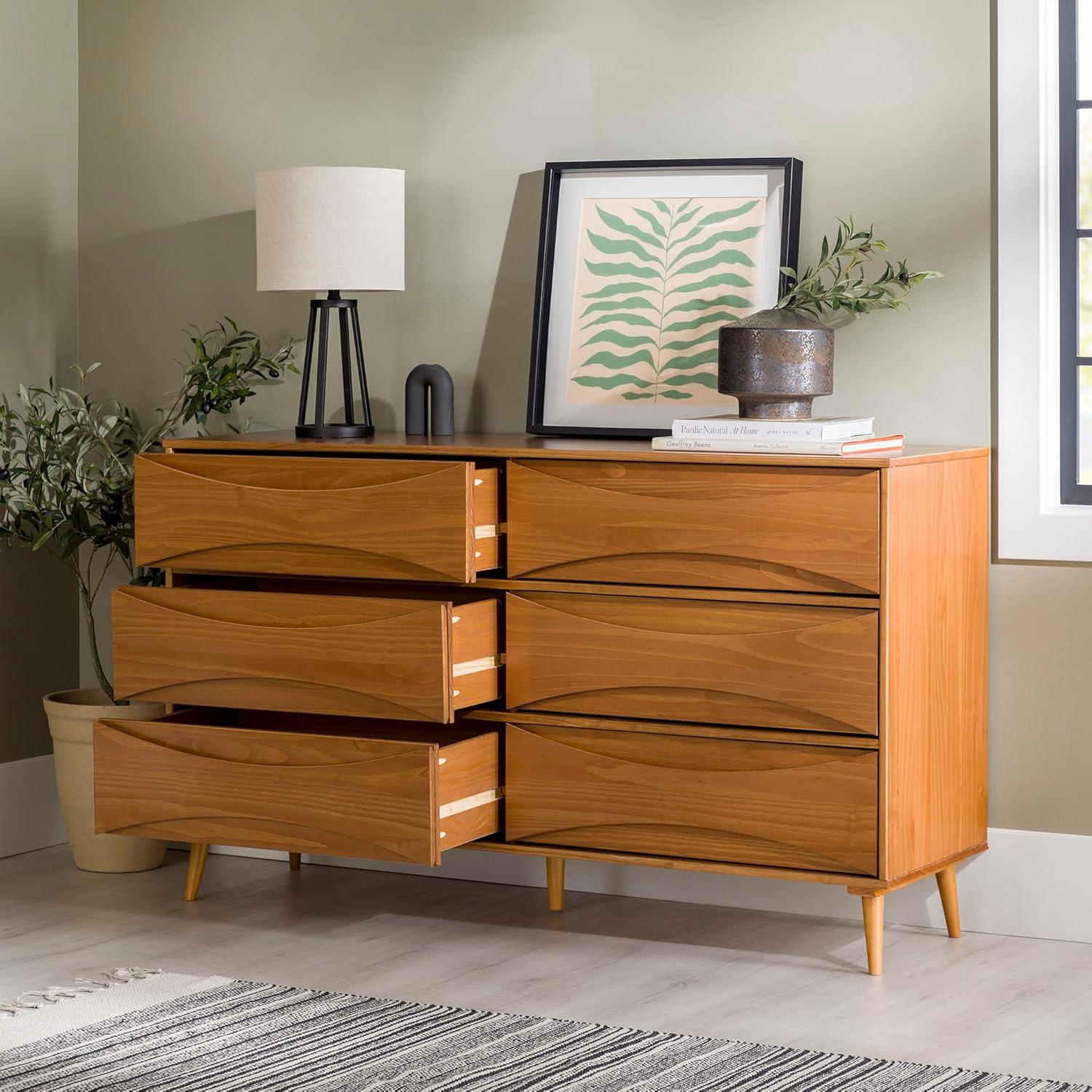 Walker Edison 58” Mid-Century Modern Curved Front 6-Drawer Dresser, Caramel