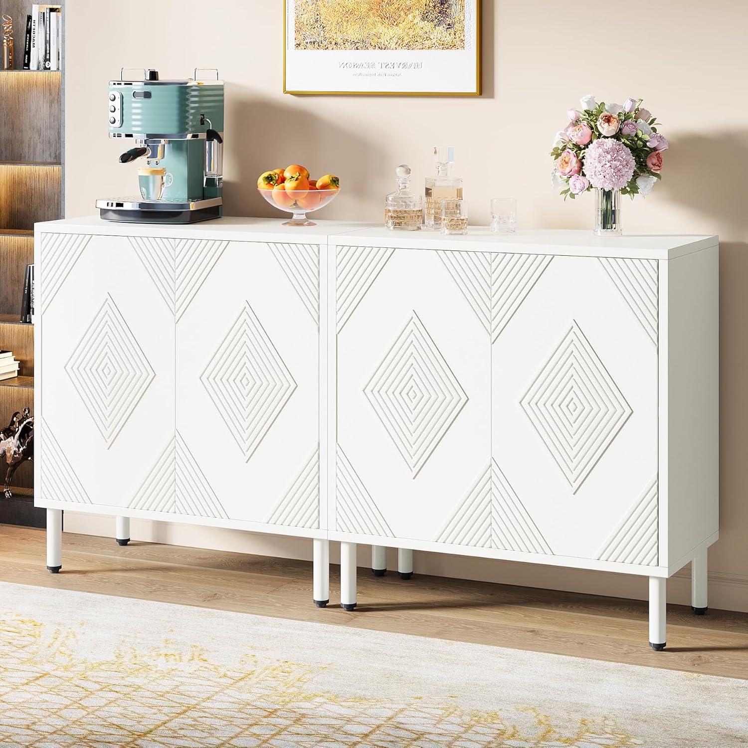 57" White Modern Sideboard Cabinet with Diamond Pattern Doors