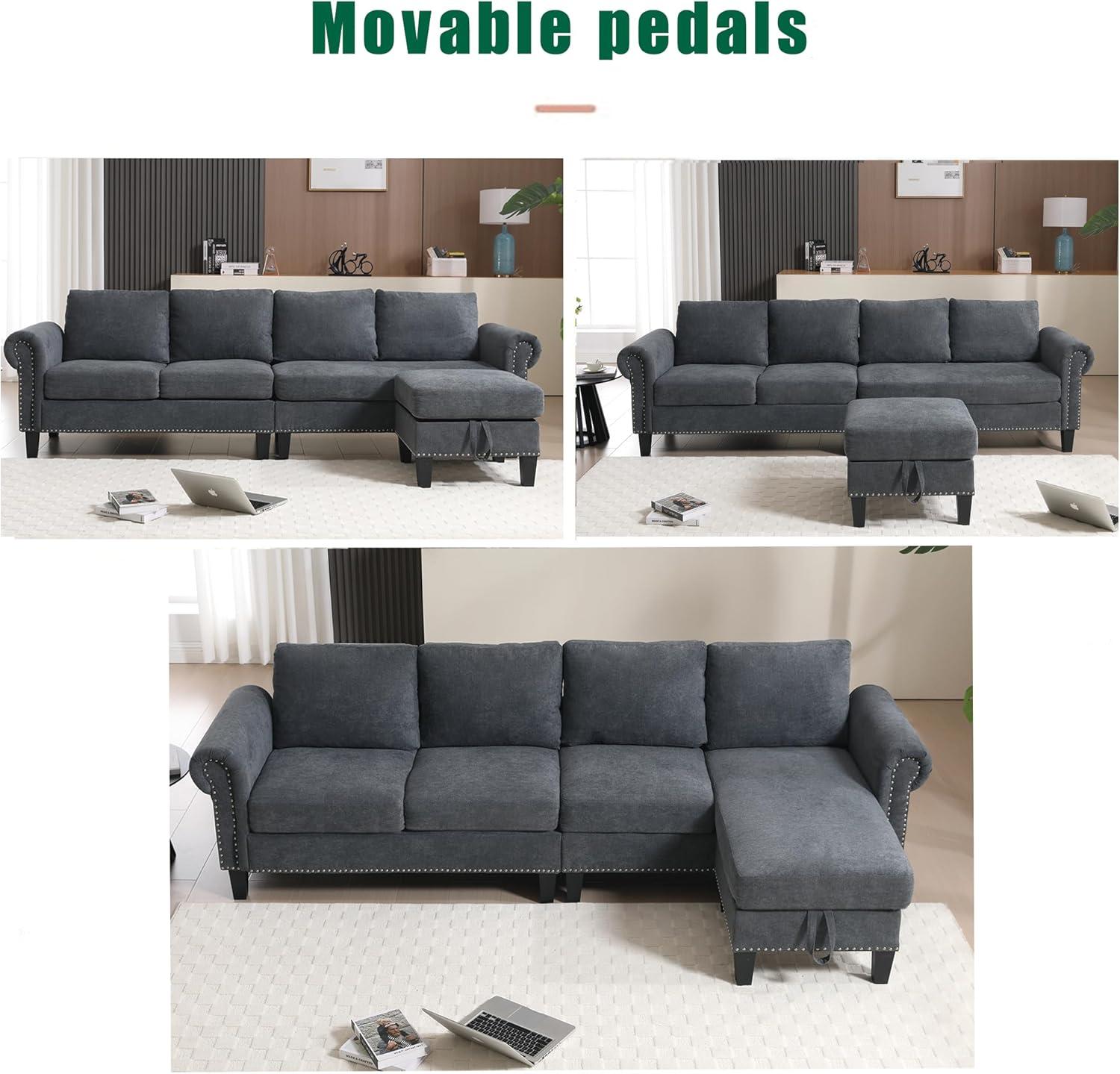 Gray Velvet L-Shaped Sectional Sofa with Storage Ottoman