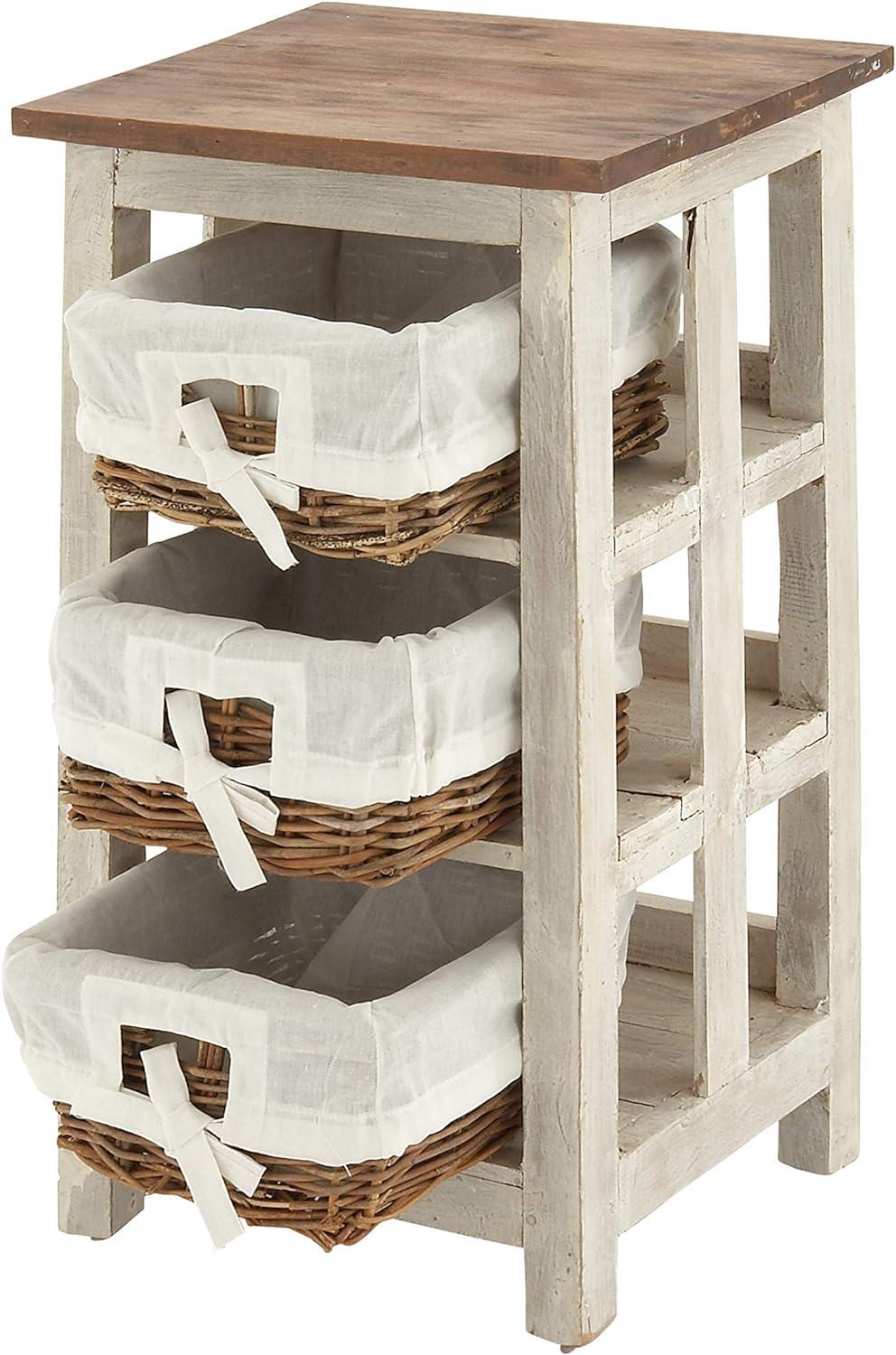 Antiqued White Wood and Rattan 3-Drawer Storage Unit