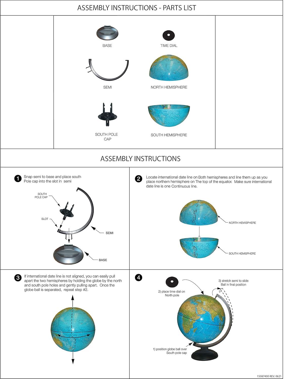 Replogle Ready to Assemble World 12" Diameter Globe, USA Cartography, Modern Acrylic Globe Stand and Blue Ocean Globe Ball. Easy to assemble globe that shows both Political and Vegetative information including political borders and provincial borders, major ocean currents, detailed lakes, rivers, tributaries and canals.