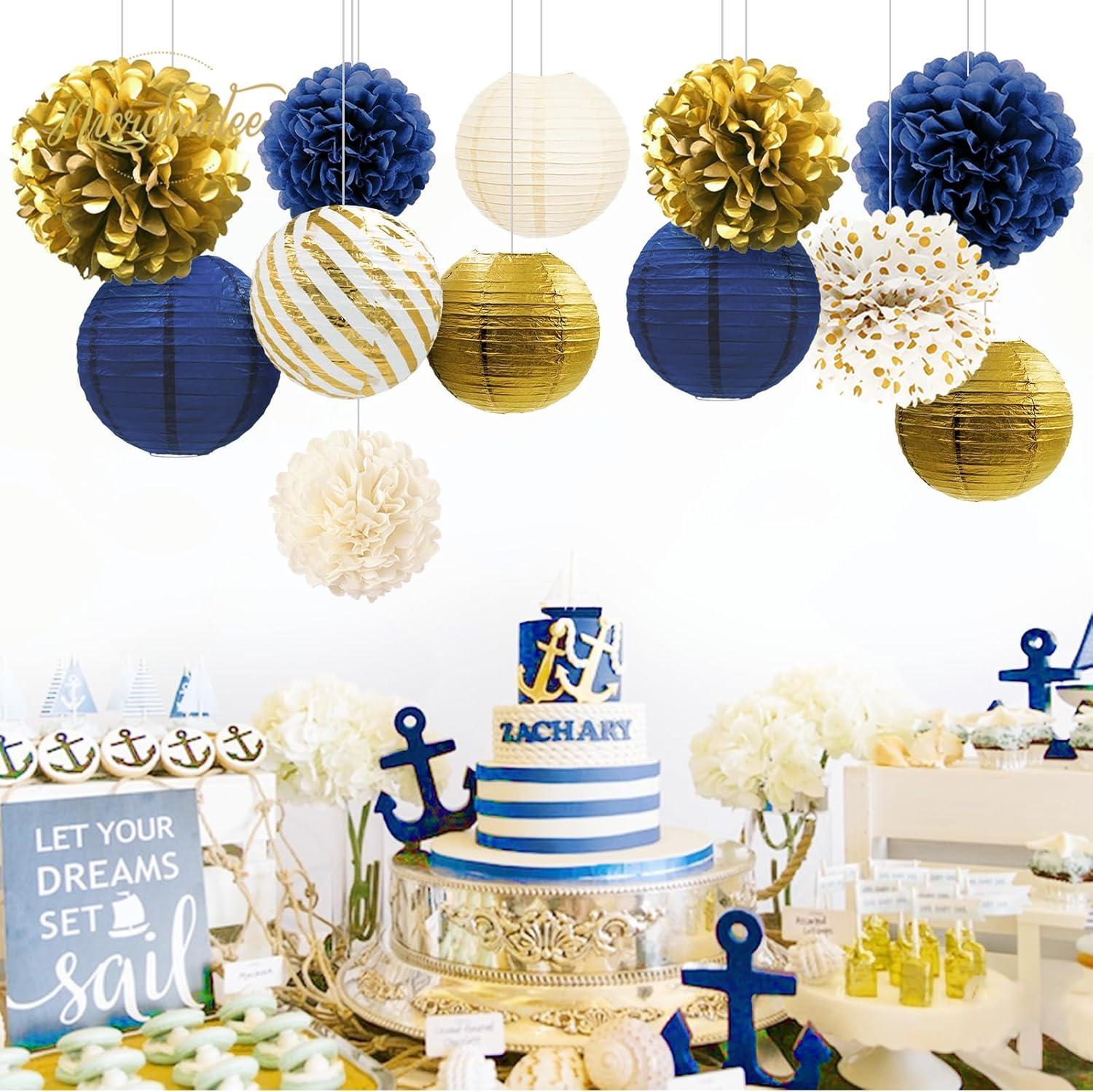 AIM & GGKK Paper Pom Poms Gold Gradient Navy Blue and White Tissue Hanging Paper Pom Poms,Flower Ball Wedding Birthday Party Decoration(12pcs)