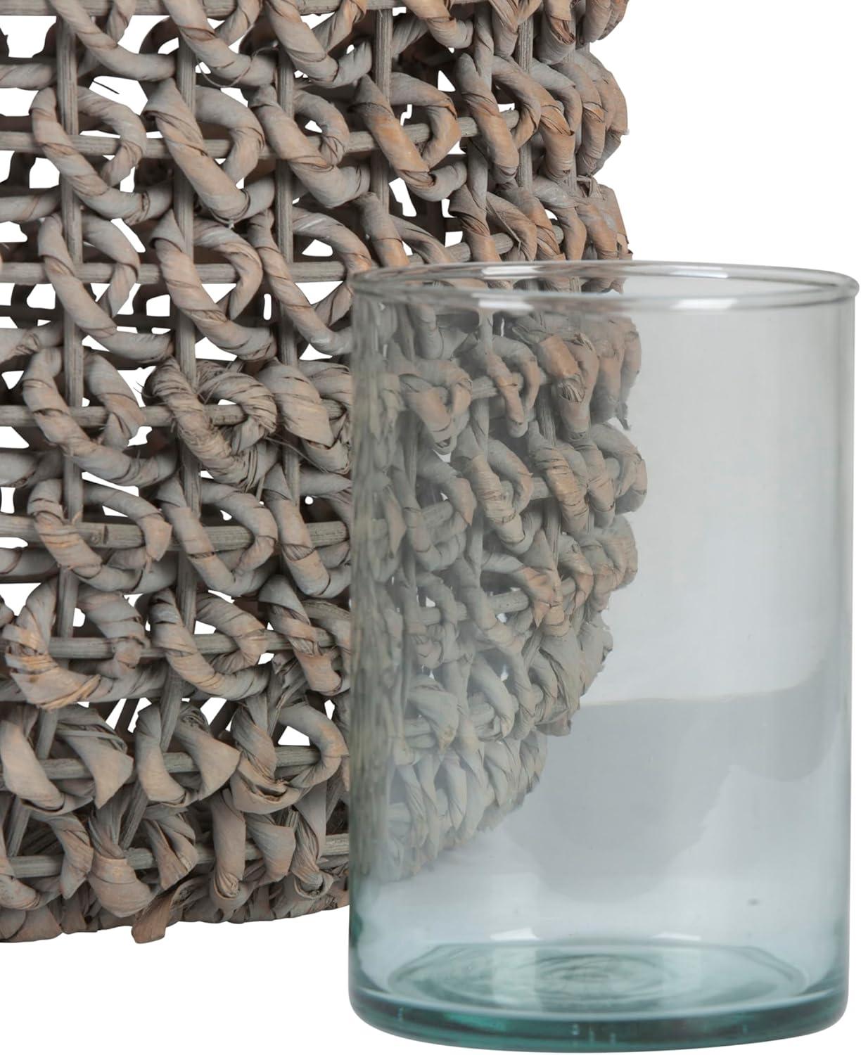 Creative Co-Op Medium Whitewashed Woven Water Hyacinth Lantern with Glass Insert & Handle